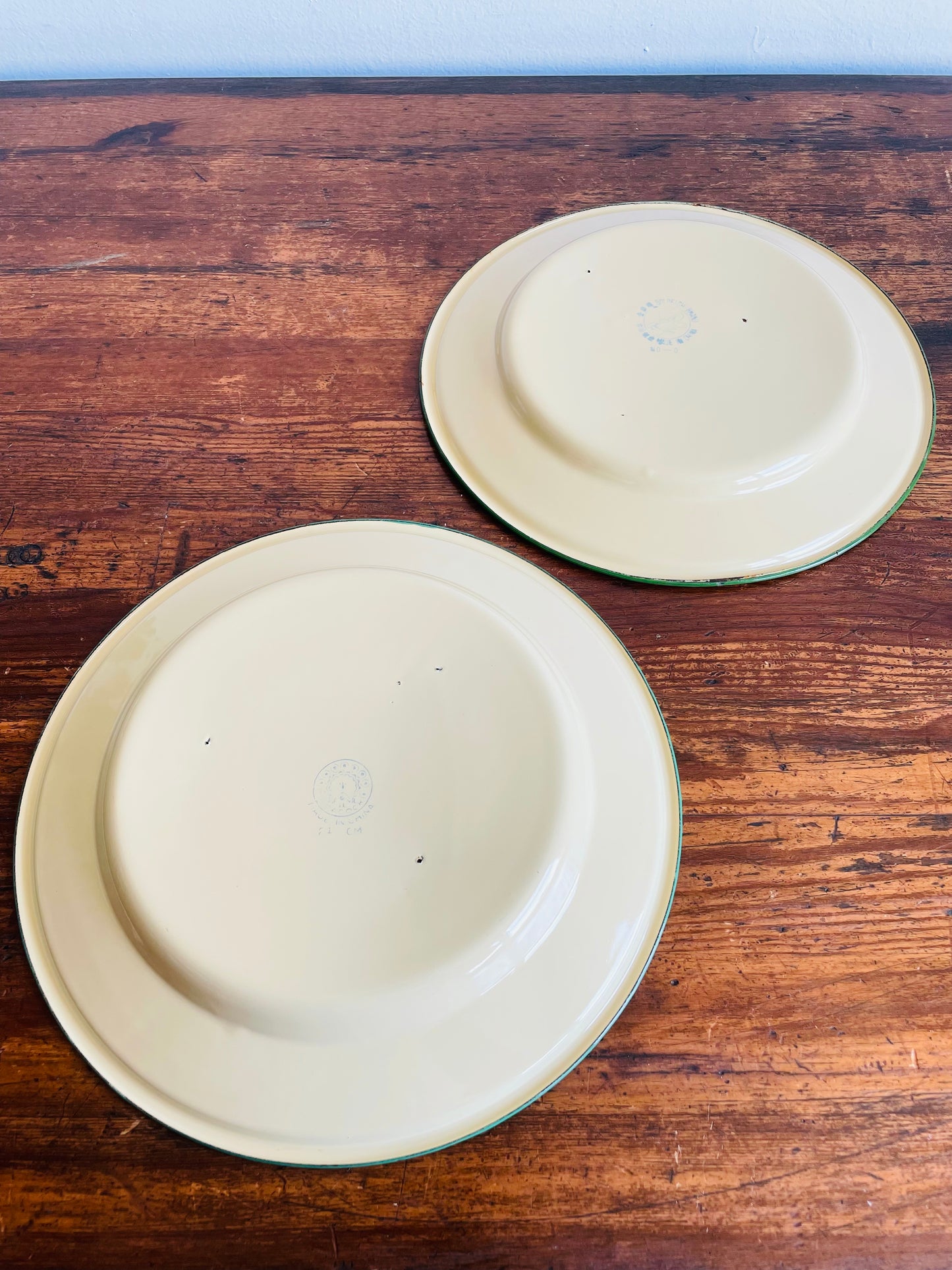 Vintage Goldfish & Peacock Brand Enamelware Plates - Pale Yellow with Green Rims - Set of 2