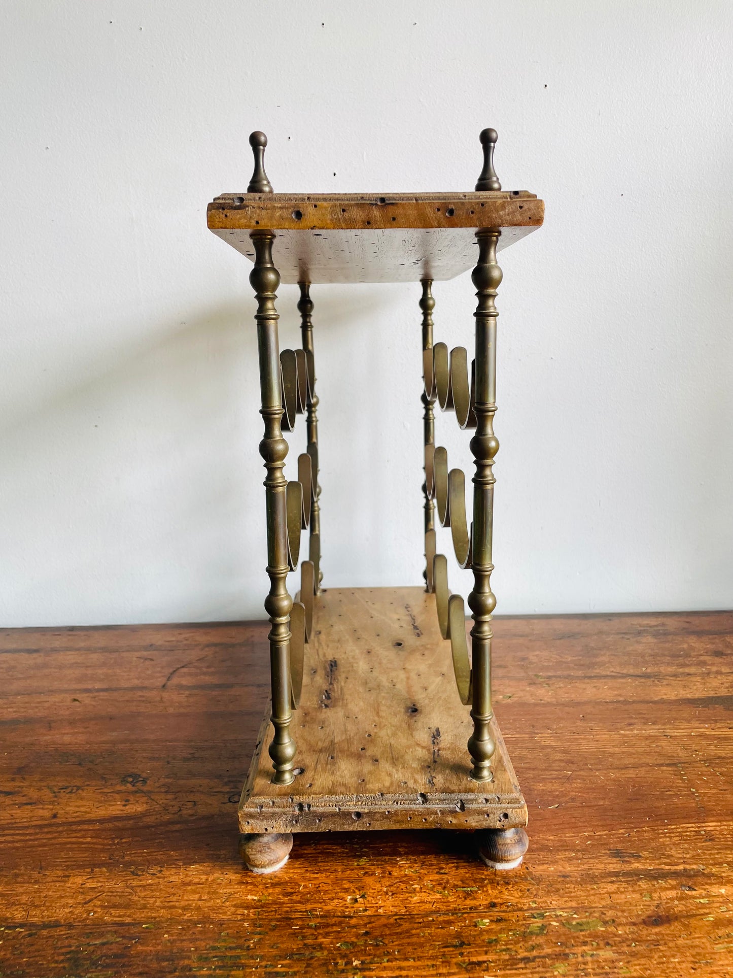Vintage Italian Sturdy Wood & Solid Brass Footed Tabletop Wine Bottle Holder - Holds 9 Bottles - Made in Italy