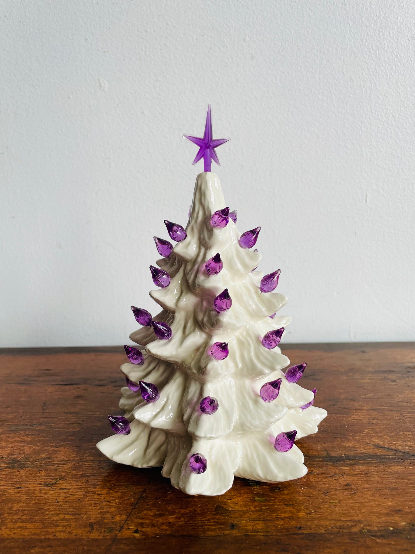 Miniature White Ceramic Light Up Christmas Tree with Purple Bulbs & Star (2005)