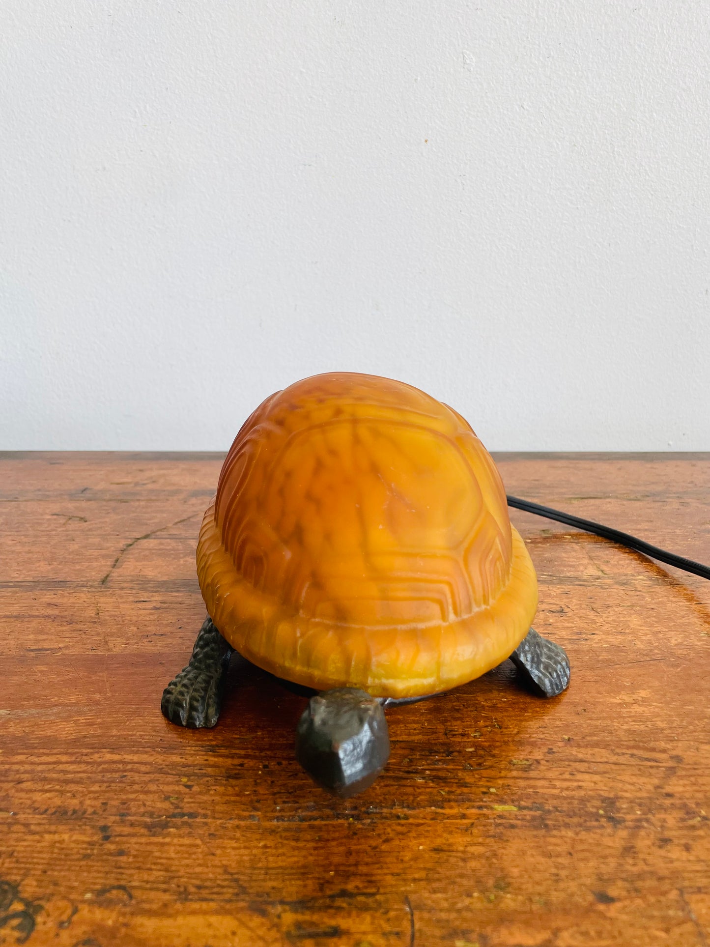 Vintage Cast Metal & Amber Glass Turtle Lamp - Tested / Works!