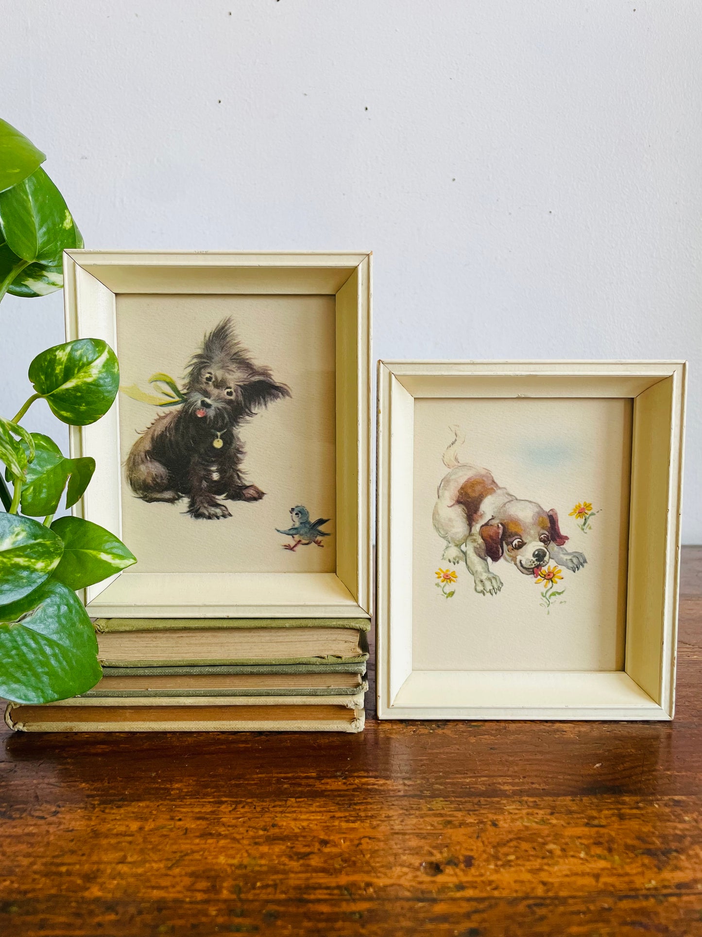 Vintage Adorable & Sweet Puppy Dog Print Pictures in Cream Frames - Set of 2