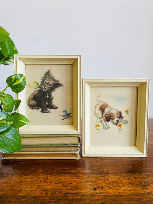Vintage Adorable & Sweet Puppy Dog Print Pictures in Cream Frames - Set of 2