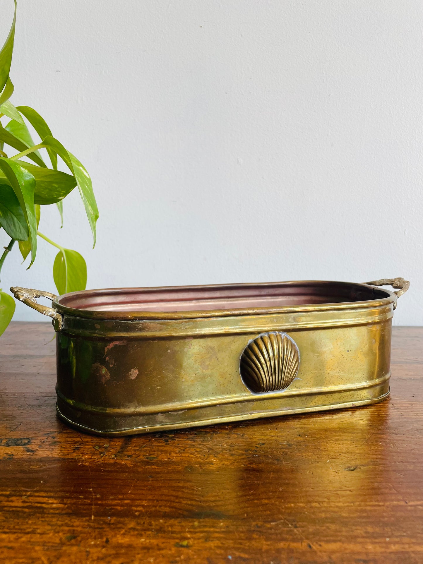 Solid Brass Long Planter Trough with Floral Handles & Shell Design - Made in India