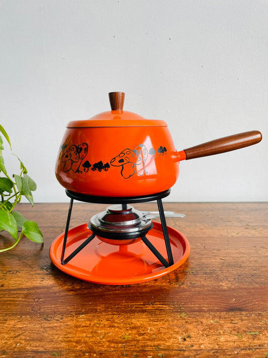 Vintage 1970s Groovy Bright Orange Fondue Pot Set with Mushroom Graphics - Made in Japan