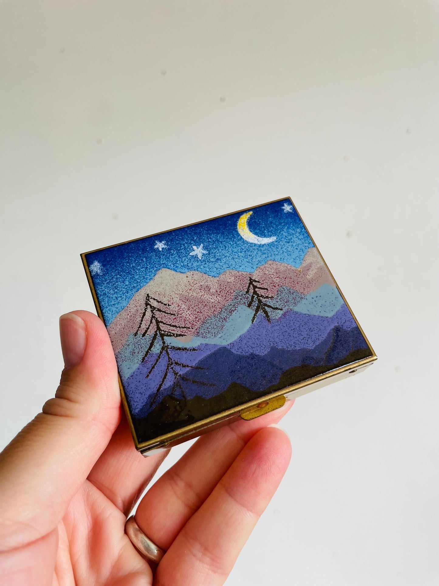 Vintage Brass & Enamel Travel Pocket Case with Divided Jewellery or Pill Organizer Compartment & Mirror - Snowy Winter Night Scene - Made in Vancouver Canada
