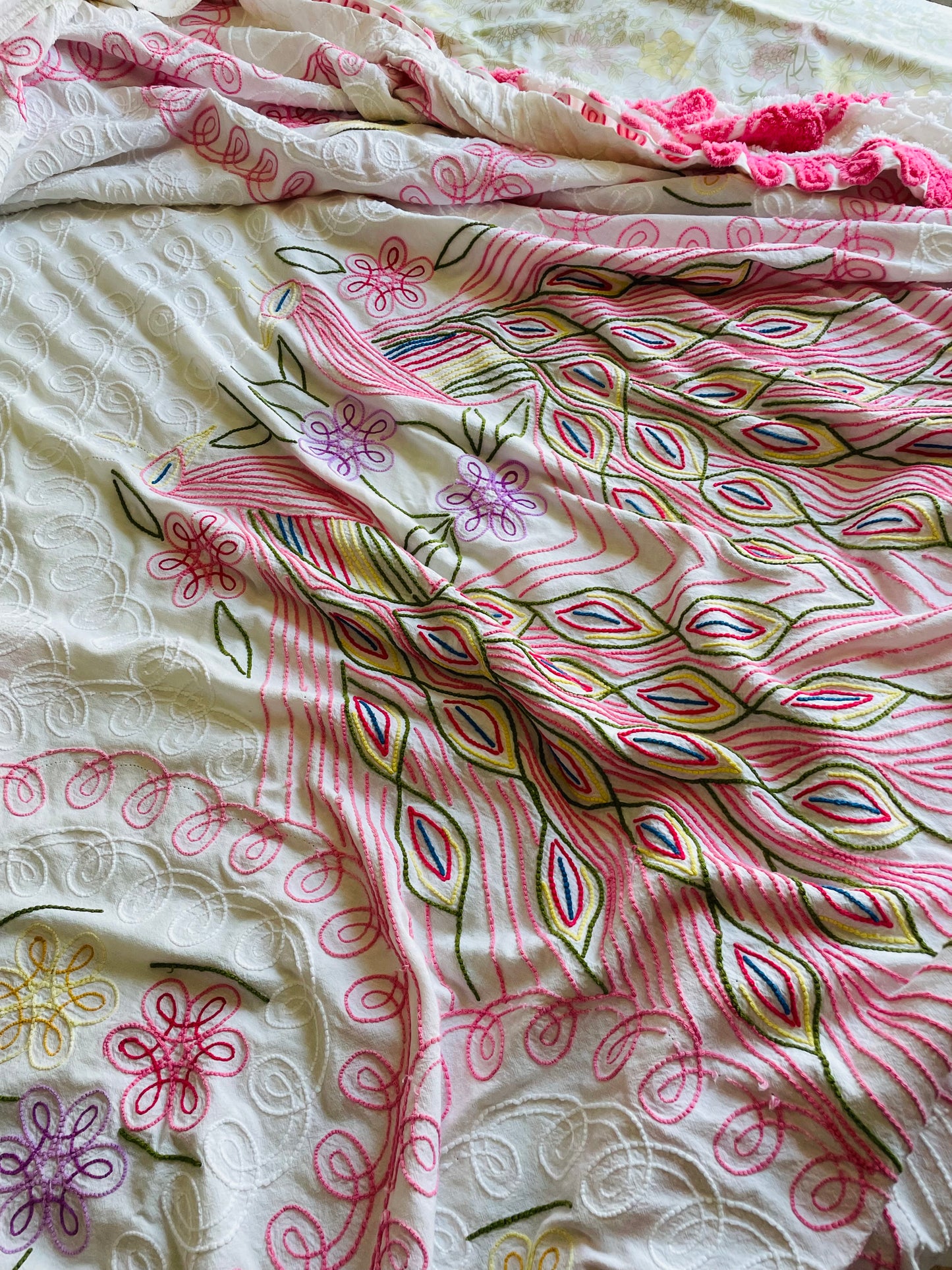 Stunning Chenille Bedspread Blanket with Bright & Colourful Double Peacock & Flower Design