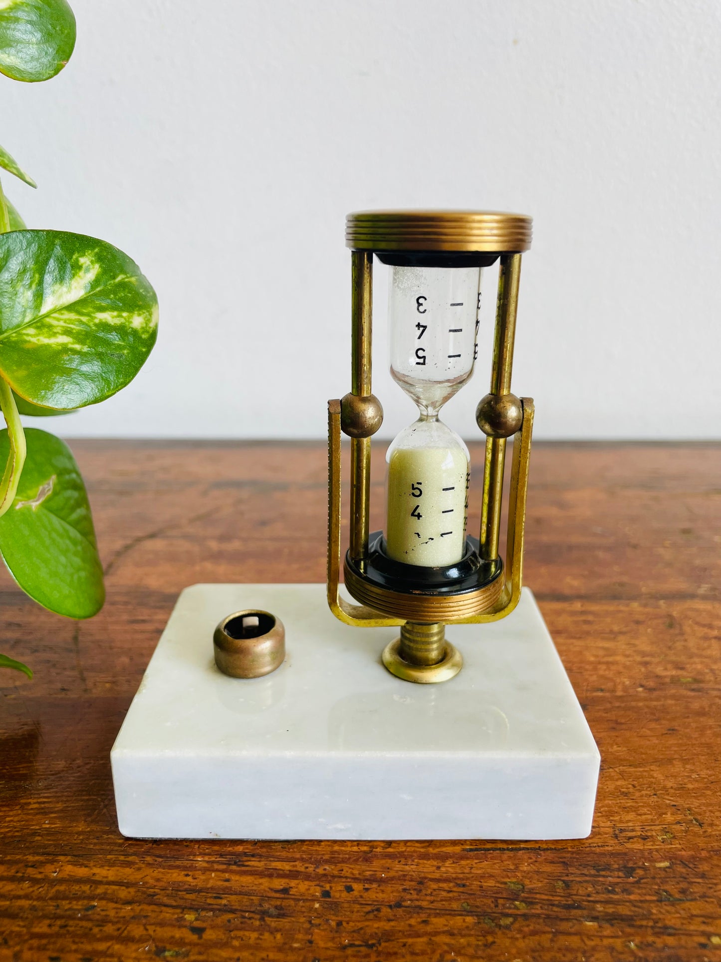 Vintage Brass & Glass Rotating Swinging Hourglass with White Sand on Marble Stone Base - Stylish & Useful!