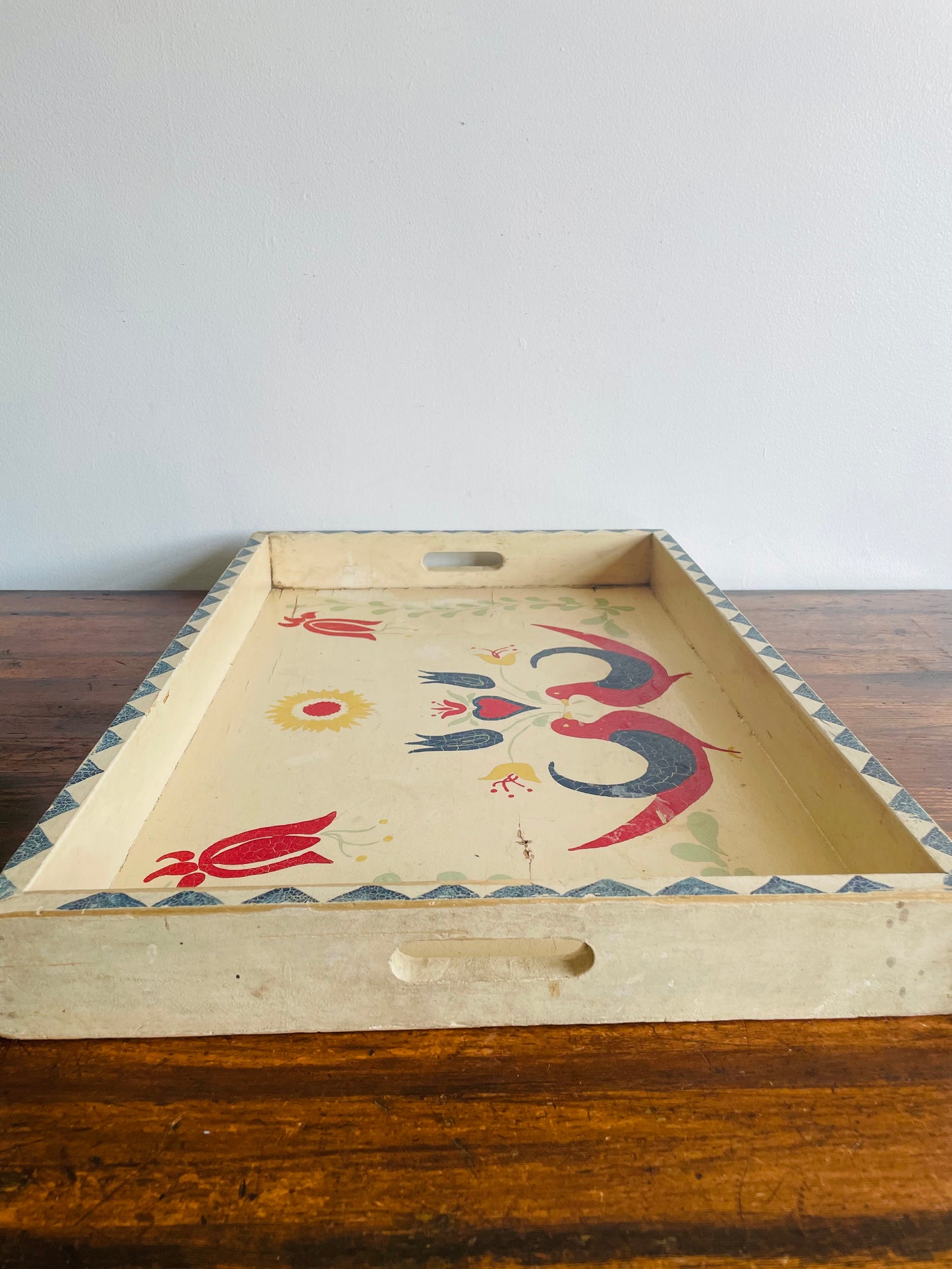 Hand Painted Wood Deep Serving Tray with Handles - Bird & Flower Folk Art Design