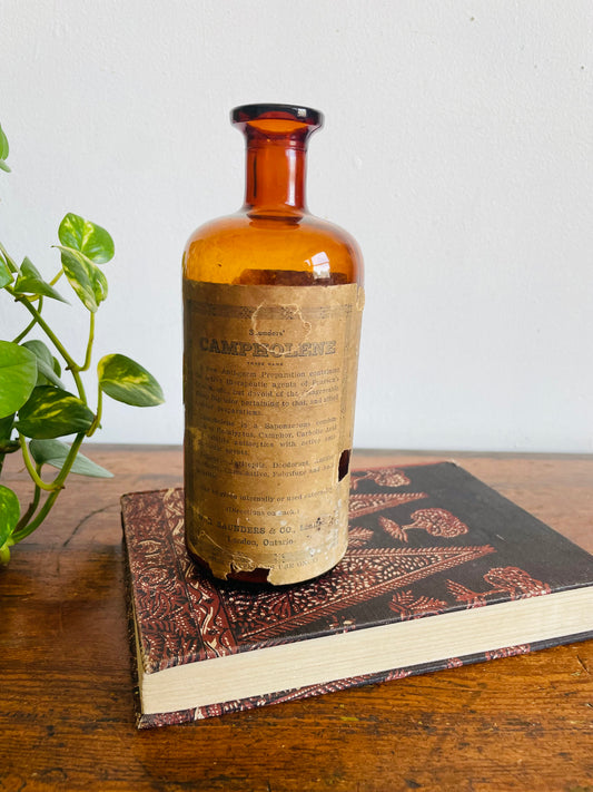 Vintage Pre-1930 / Antique Pharmacy Apothecary Amber Glass Bottle - Saunders' Campholene - W.E. Saunders & Co. London, Ontario