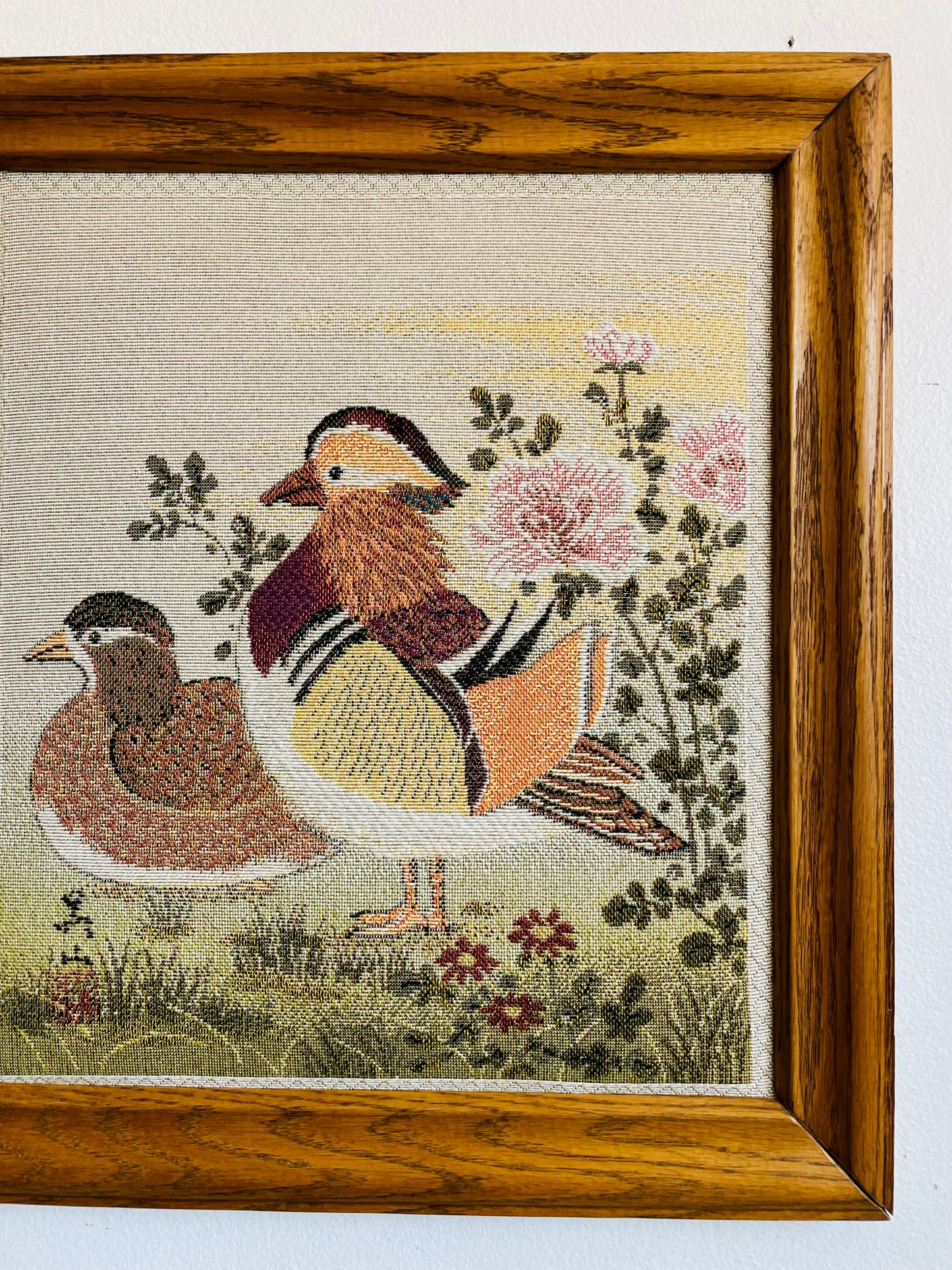 Vintage Framed Stuffed Tapestry Fabric Picture of Mandarin Duck Birds