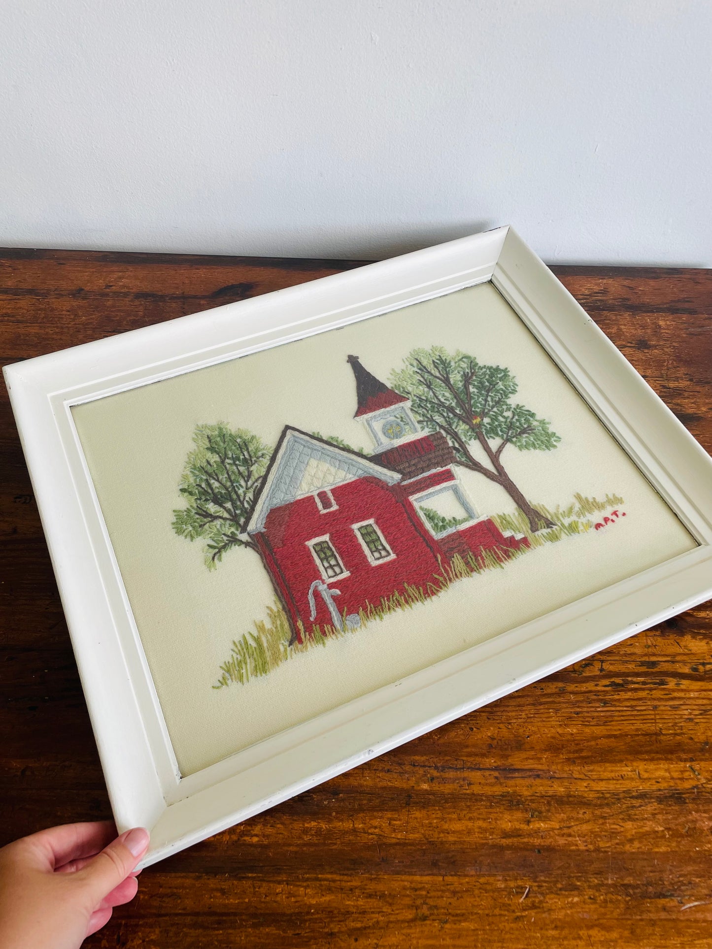 Absolutely Adorable Framed Crewel Needlepoint Embroidery Picture of Red One Room Schoolhouse