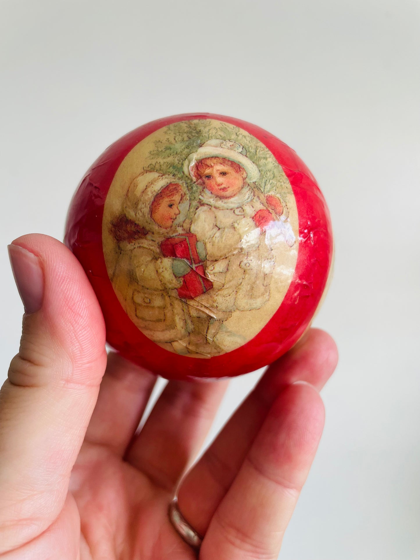 Vintage Collection of Handmade Decoupage Ornaments with Adorable Illustrations - Set of 4 - Deer, Children, Santa