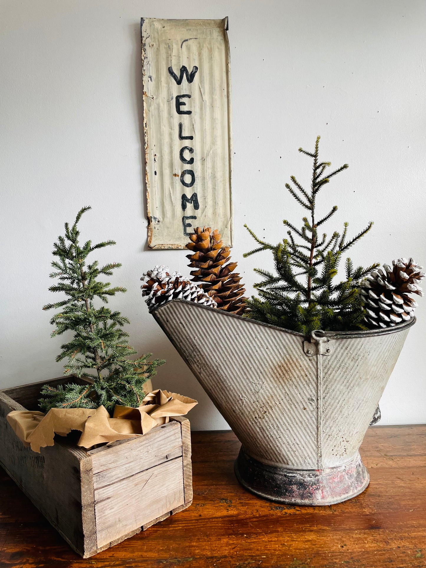 Rustic Hand Painted White & Black Welcome Sign on Metal Background - Can Hang or Stand