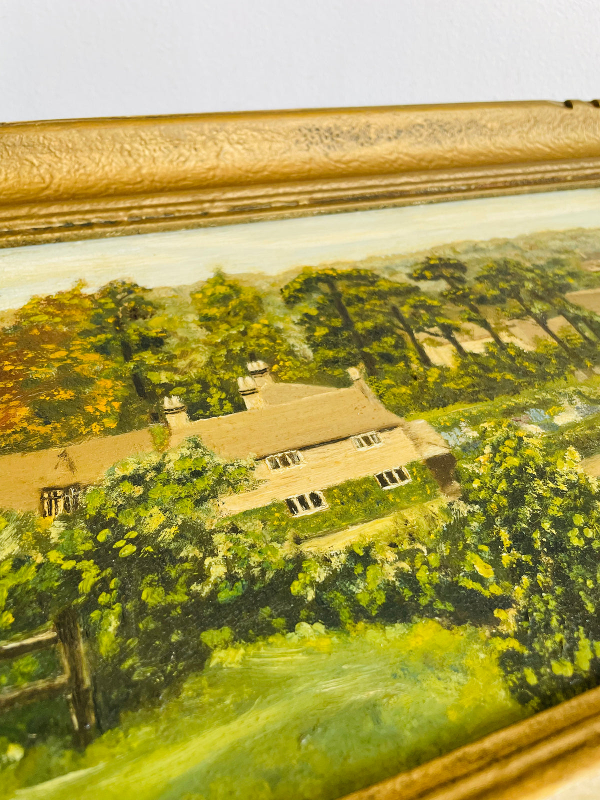 Vintage Original Art Painting in Gold Frame - English Country Scene with House & Trees on Winding Road - Artist Signed M. Sharples - Image Recreated from a Postcard