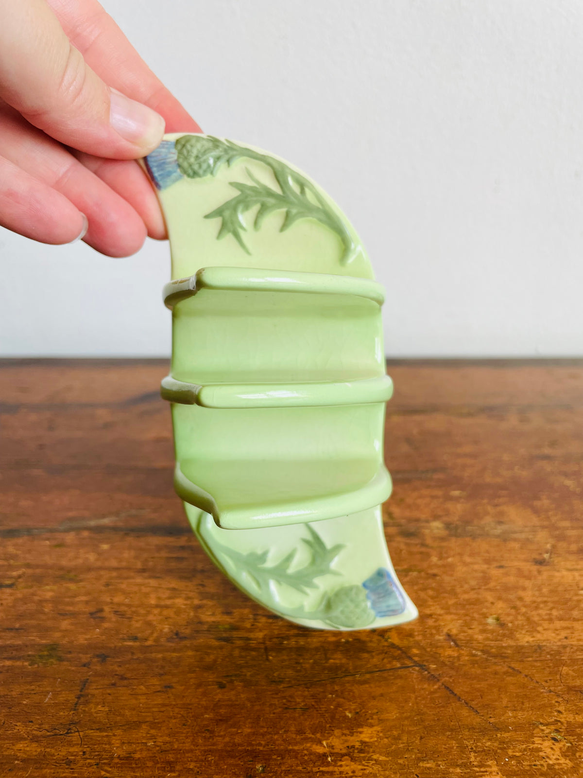 Vintage 1940s Pastel Green Royal Winton Grimwades 2-Slice Toast Rack Holder with Scottish Thistle Flower Design - Made in England - Also Great for Holding Photos, Mail, Postcards, Etc.