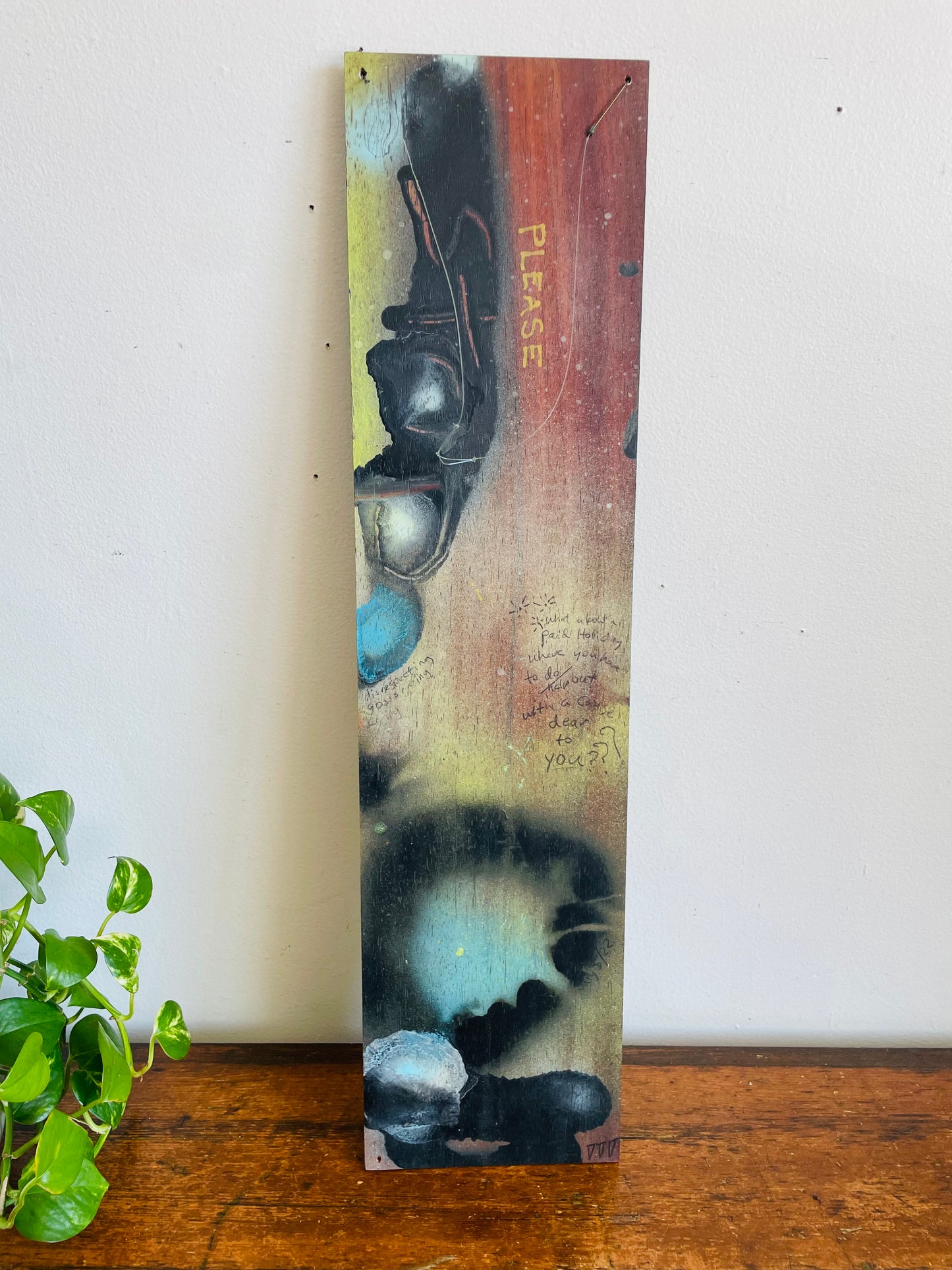 Original Art Yellow & Black Abstract Painting on Wood Board with Fish Hooks to Hang From Wall - Purchased from an Artist's Estate in Fort Erie, ON - No Shipping