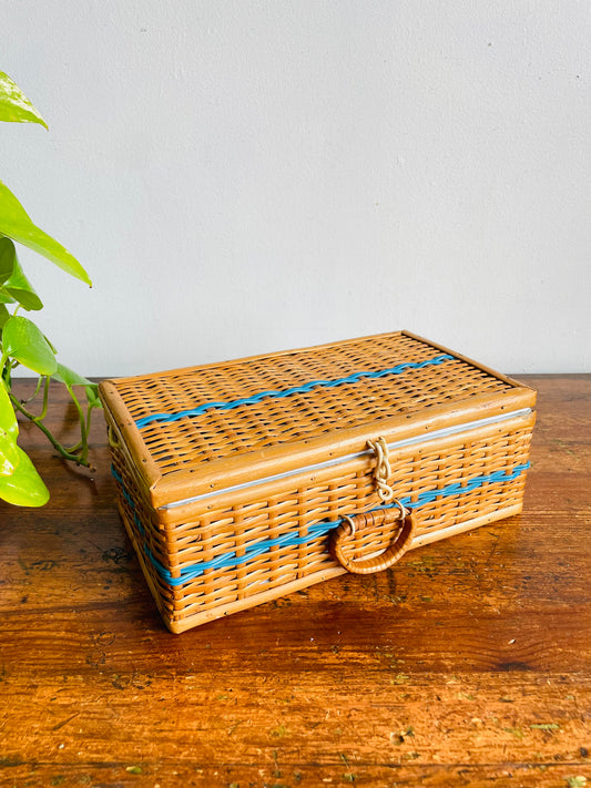Vintage Brown & Blue Wicker Sewing Basket with Latch, Handle & Hinged Lid