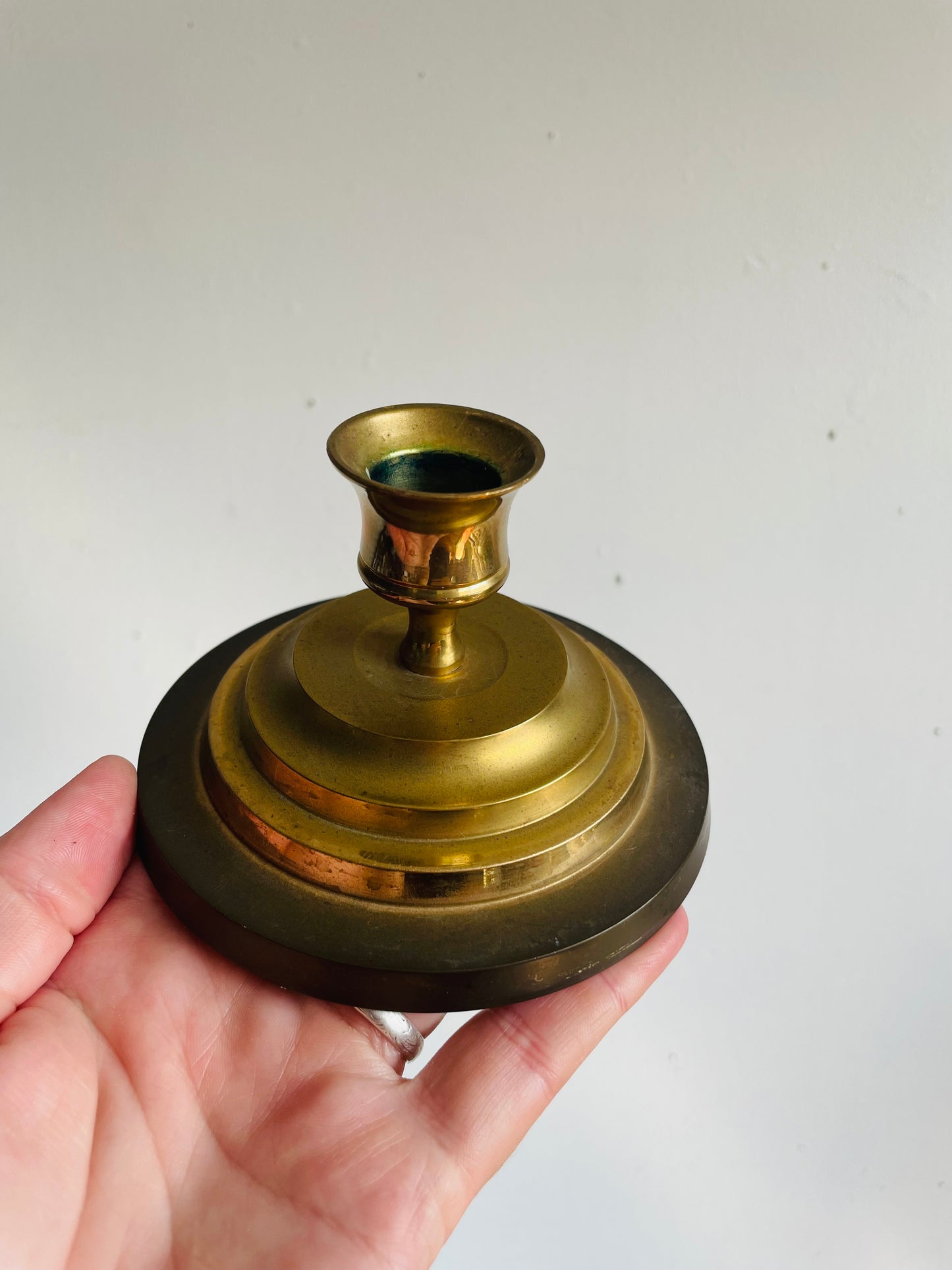 Vintage H Solid Brass Handmade Candle Holder with Round Graduated Stacked Base - Made in India