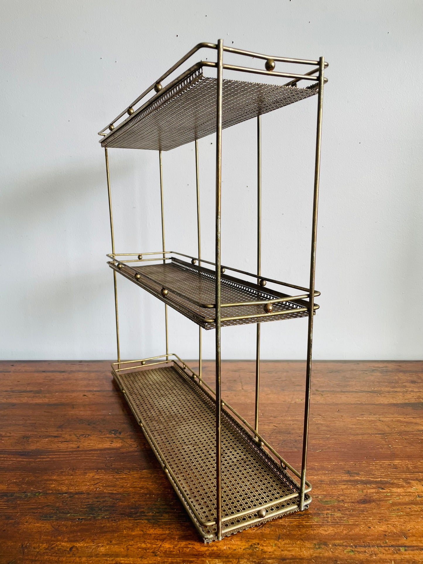 Vintage Gold Toned Metal & Brass Wall Hanging Shelf with Openwork Grill Design & Raised Edges - 3 Shelves- No Shipping