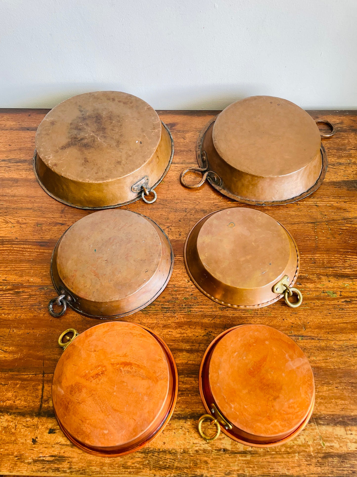 Vintage / Possibly Antique Iron Cauldron Stand & Copper Pot Cooking Set - Hearth & Open Fire Cooking - Includes 6 Pans - French Farmhouse Kitchen - For Shipping Please Read Special Instructions