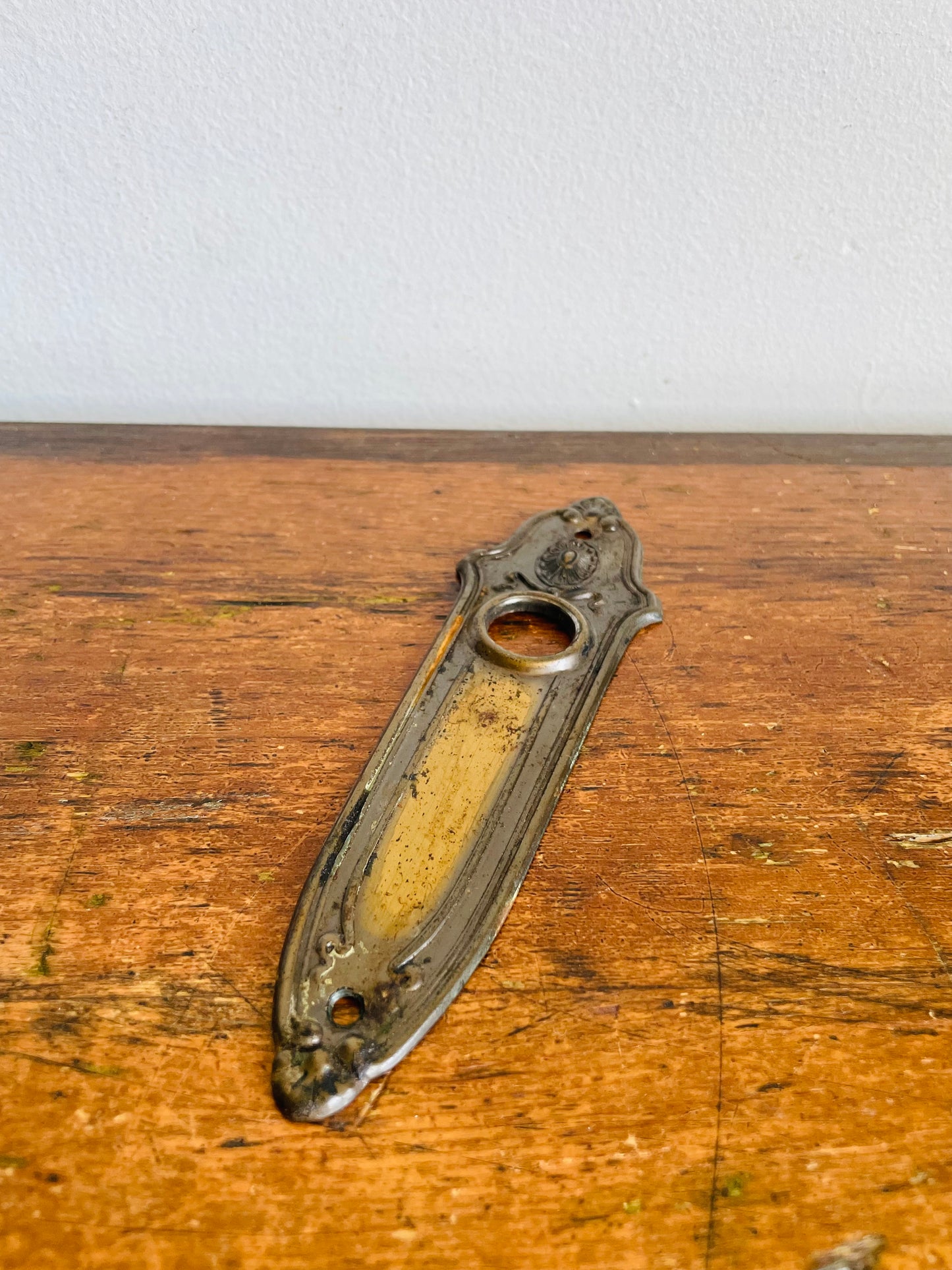 Antique Early 1900s "Landsdowne" Metal Escutcheon Doorplate by Sargent with Lighter Patina - Architectural Salvage - As Found