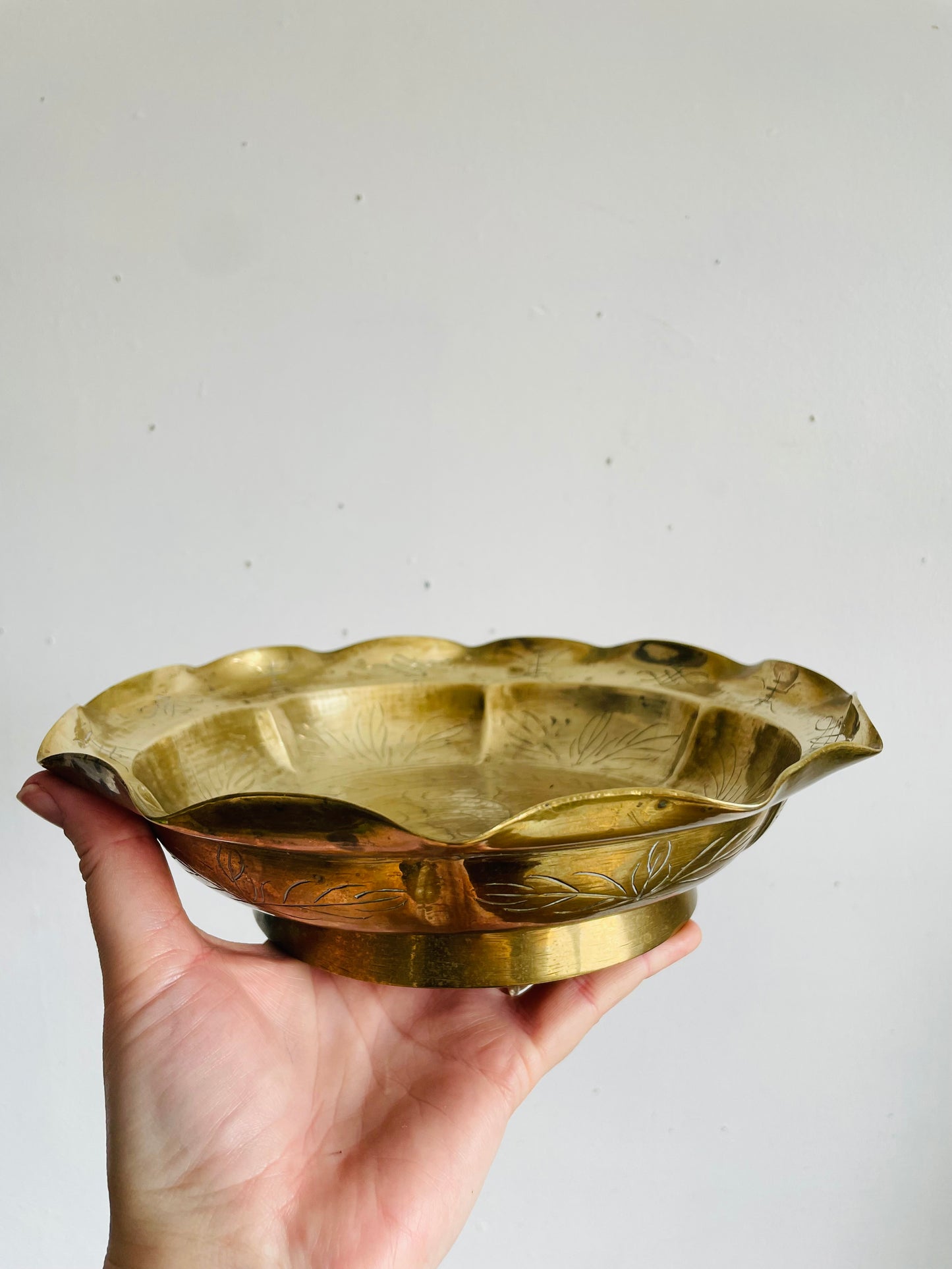 Vintage Solid Chinese Brass Footed Bowl with Etched Dragon Design