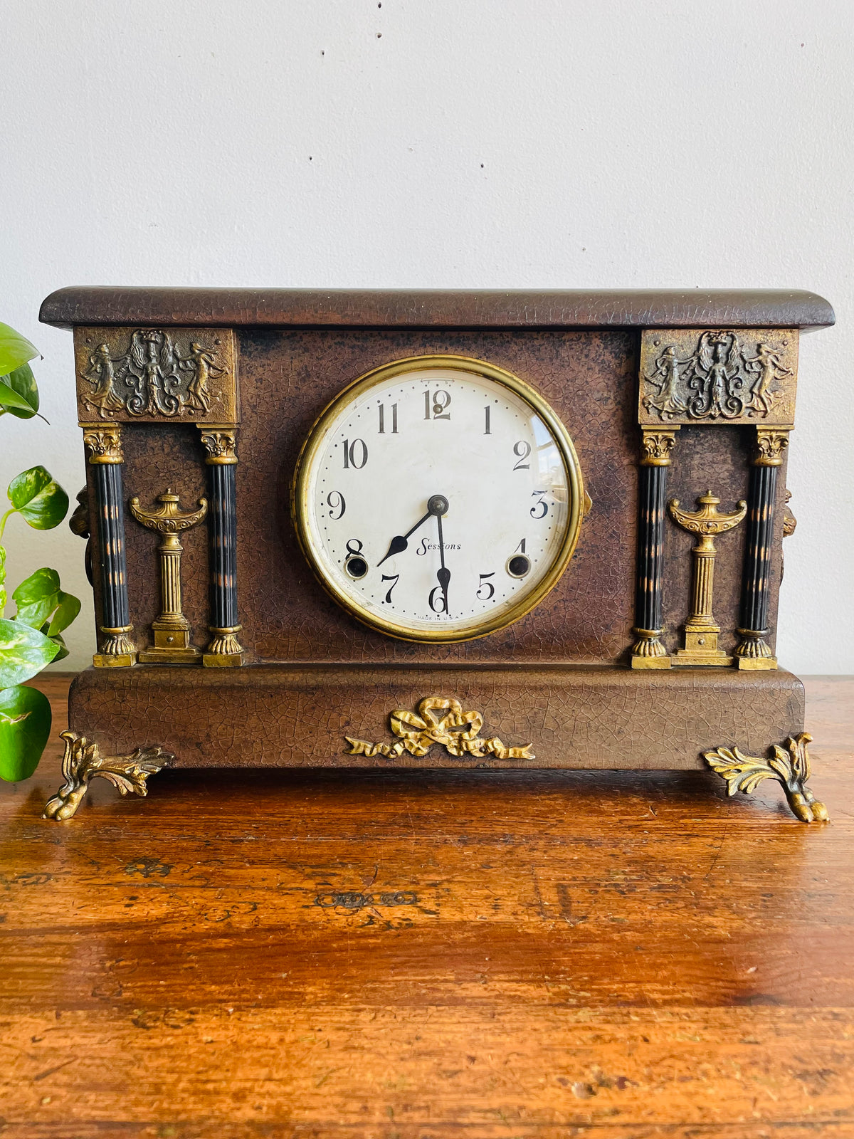 Antique Sessions Clock Company Mechanical Mantle Clock with Ornate Brass Details, Claw Feet & Lion Head Handles - Regent Eight Day Half-Hour Strike Model - Untested
