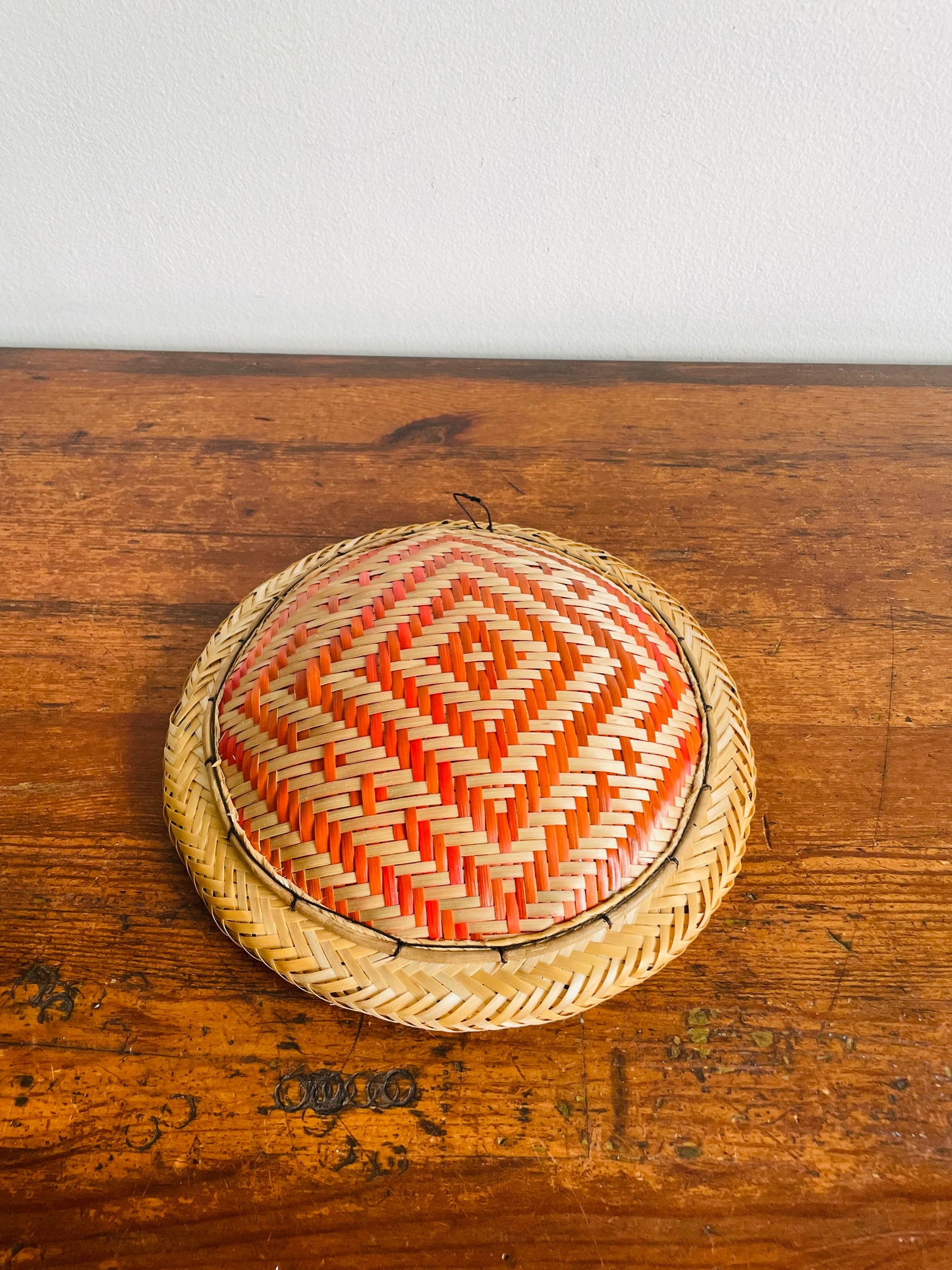 Woven Basket Bowl or Wall Hanging with Orange Design