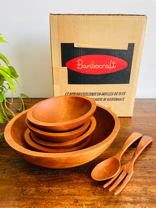 Vintage Brand New in Box Baribocraft / Lesko Baribo Maid Wooden Salad Serving Bowl Set with Utensils - Made in Quebec, Canada - Set of 7 Pieces