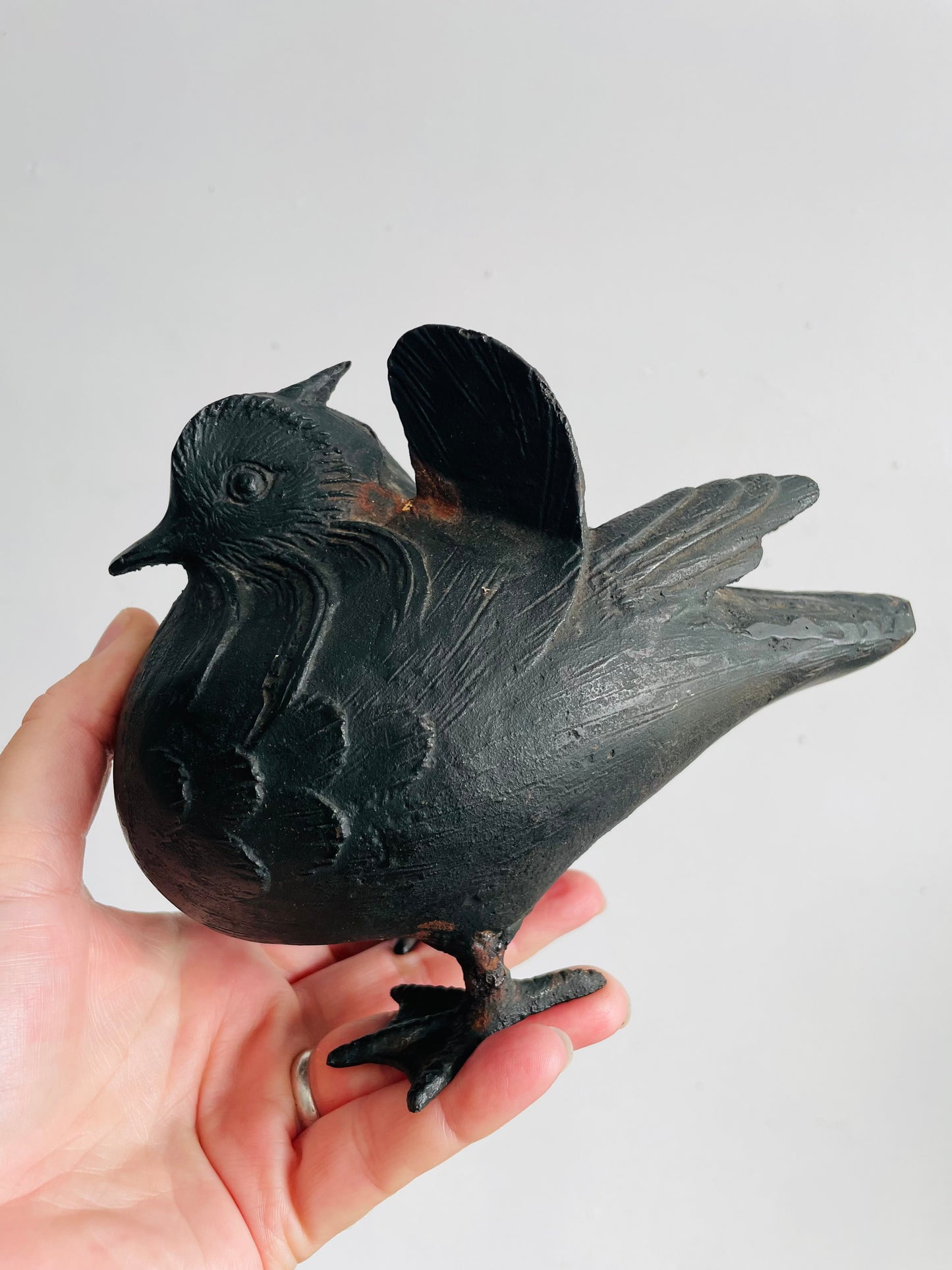 Vintage Solid & Heavy Black Cast Iron Metal Bird Statue - Made in Japan