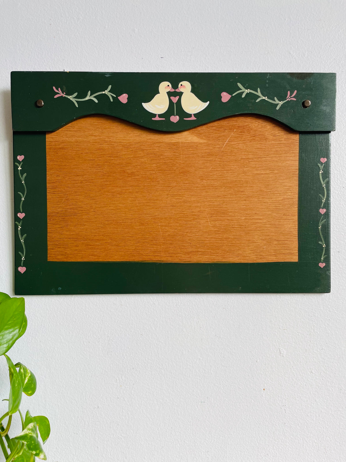 Vintage 1988 Hand Painted Folk Art Calendar, Sign, or Memo Board Wood Wall Hanging Holder - Open Clip Top & Insert Papers with Duck & Heart Design