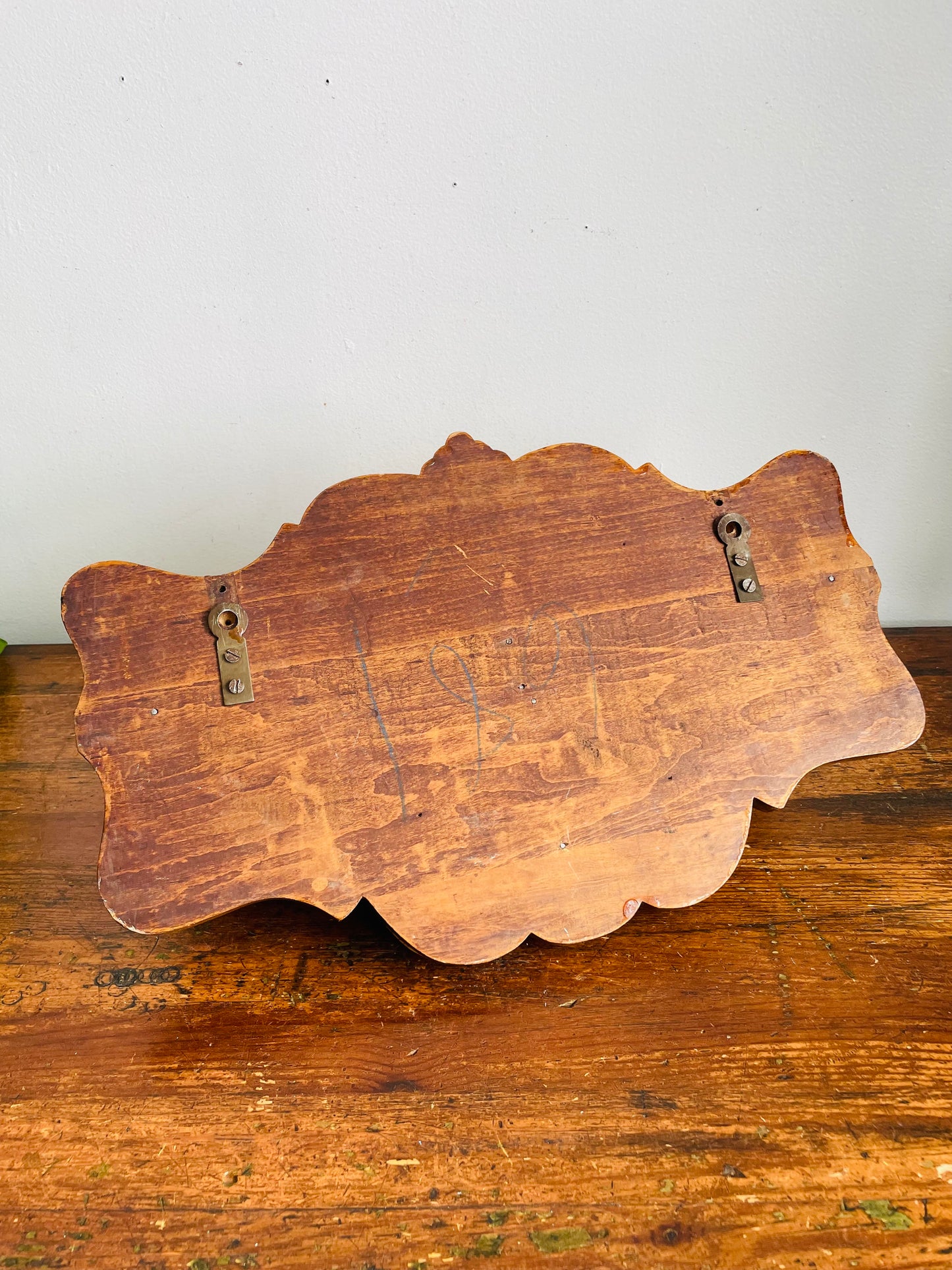 Vintage Solid Oak Wood Wall Hanging Shelf with Raised Scroll Design