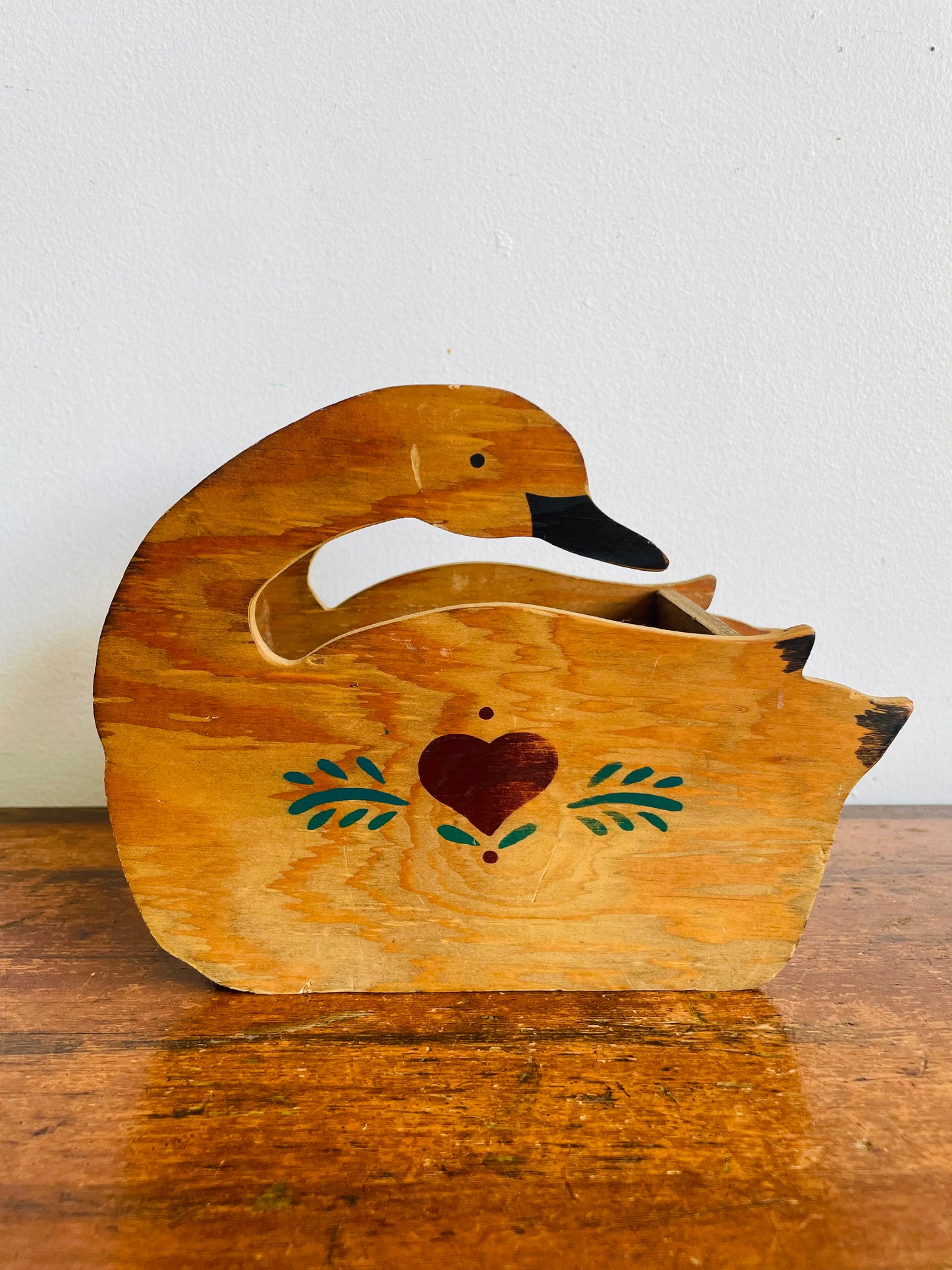 Vintage Folk Art Wood Swan Caddy Box Holder with Heart & Leaf Design - Trinkets, Planter, Napkins, Etc.