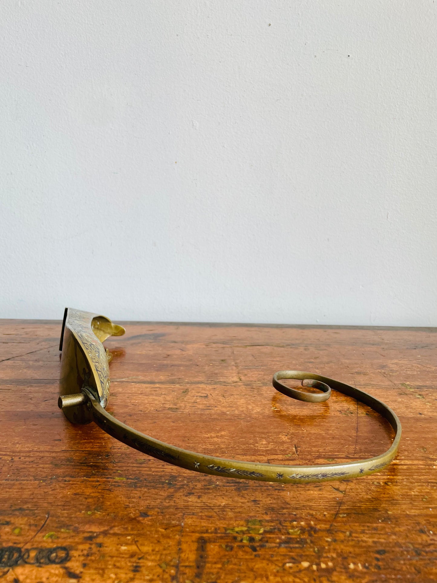 Vintage Brass Indian Slipper Shoe Trinket Dish with Etched Enamel Design & Ornate Details