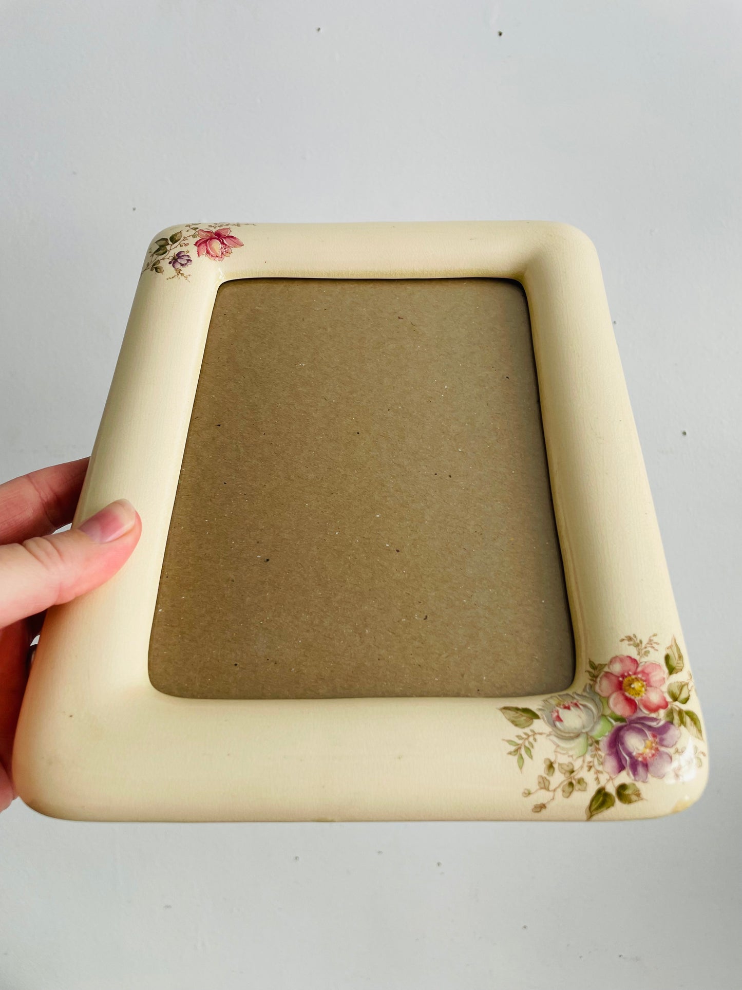 Vintage 1982 Ceramic Cream & Floral Rounded Picture Frame with Easel Backing - Terragrafics - Made in Taiwan