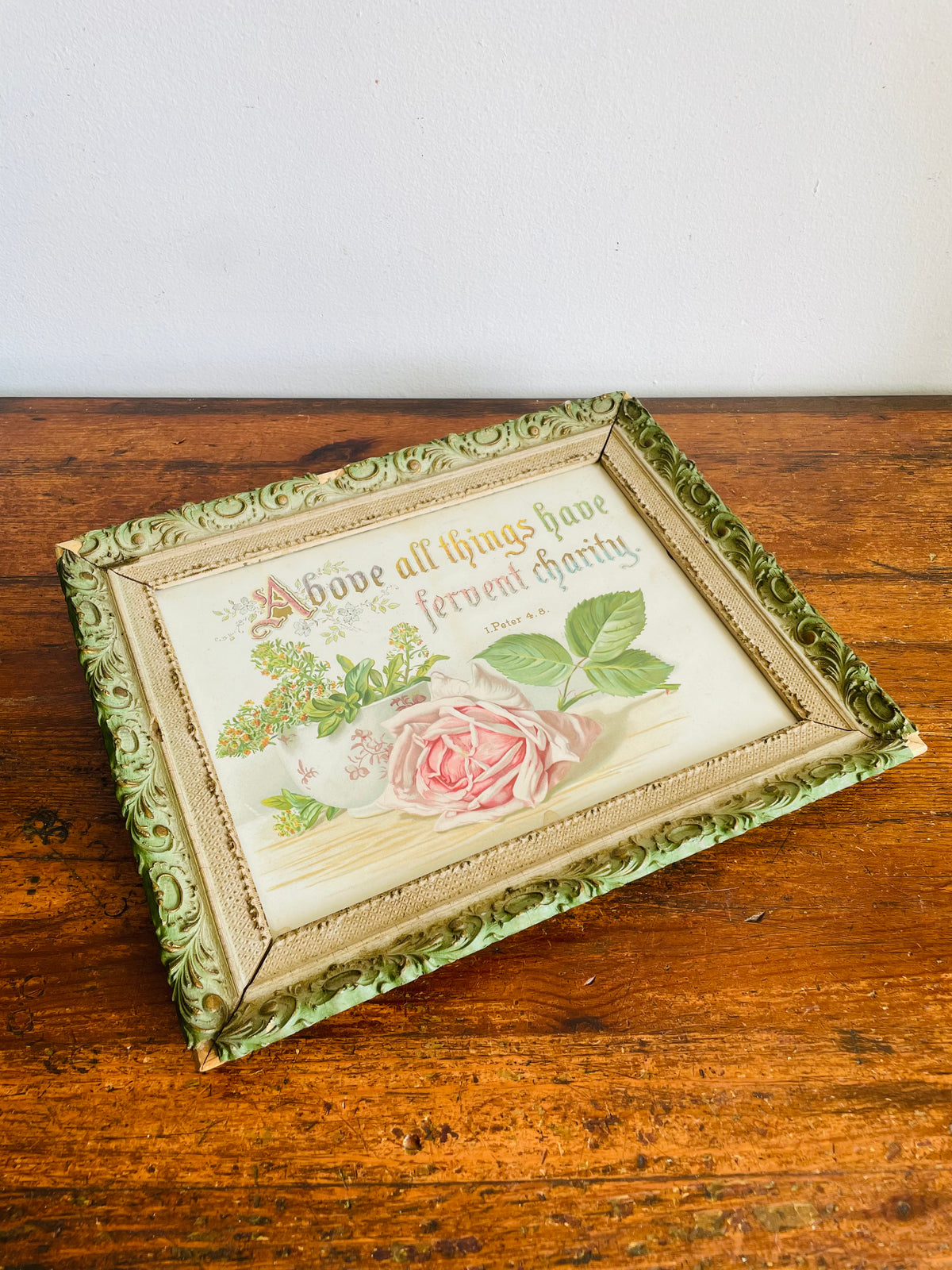 Antique 1891 Botanical Pink Rose Print Picture with Bible Verse I Peter 4.8 - Above All Things Have Fervent Charity - Ornate Wood Frame - 135 Years Old!
