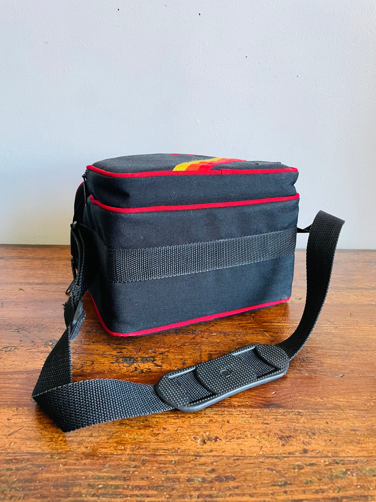 Vintage Black's Photography Camera Shoulder Bag Case with Yellow, Orange & Red Rainbow Stripe Design & Multiple Pockets - Made in Taiwan