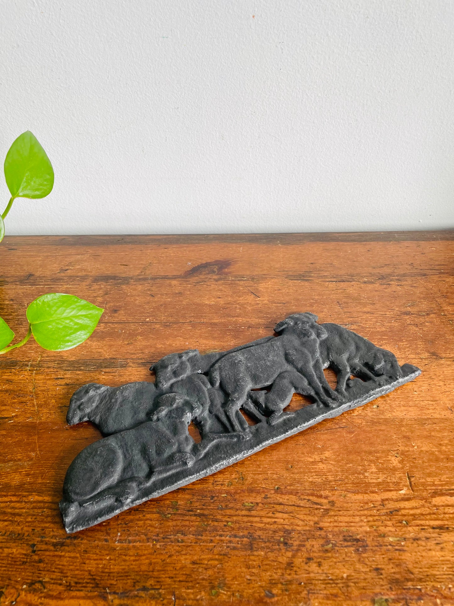 Vintage Very Sturdy & Heavy Cast Iron Wall Relief Plaque Picture - Herd of Sheep in Black Silhouette