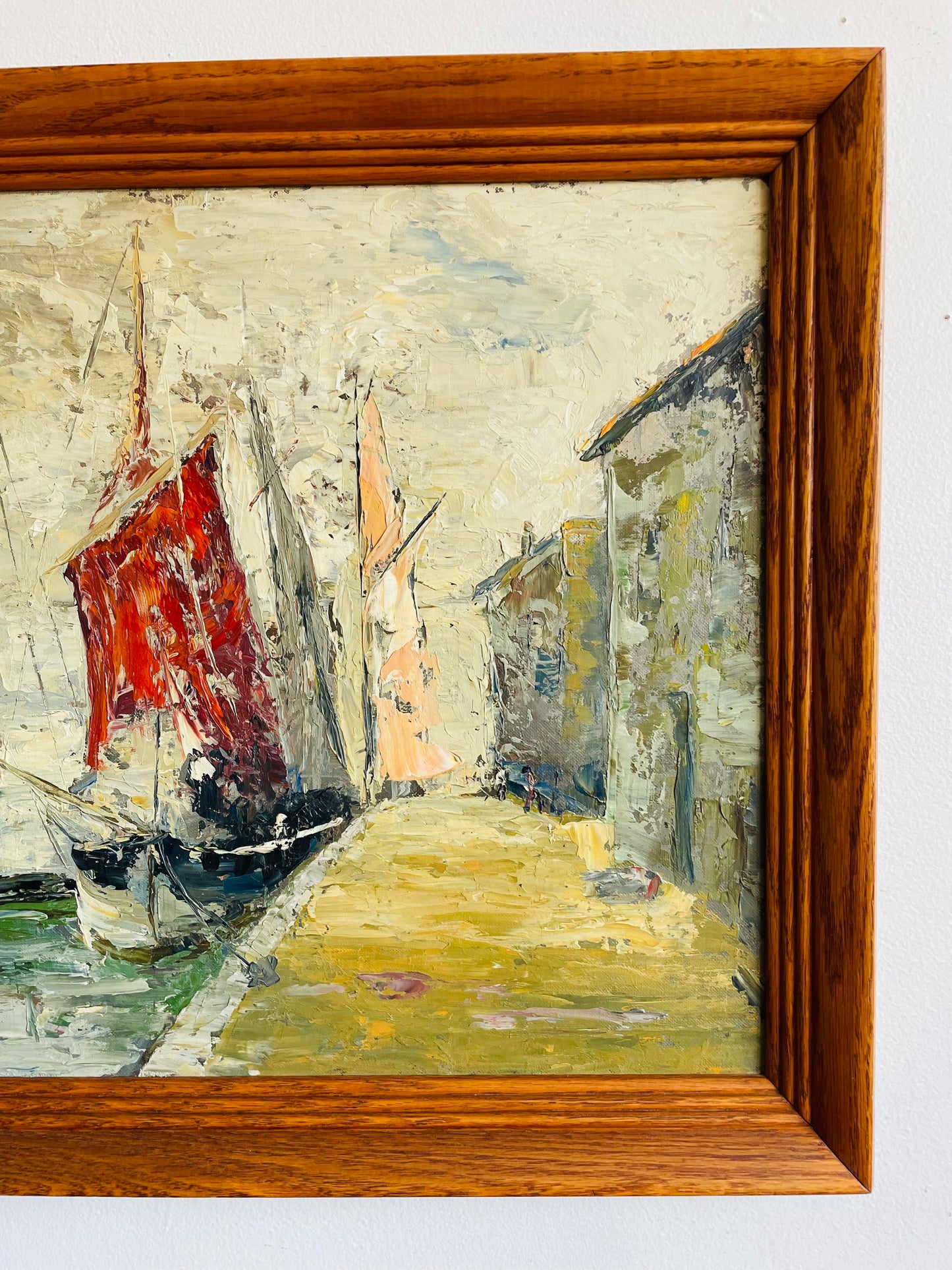 Vintage Original Art Painting - Impressionist Impasto Style - Sailboats & Fishing Ships Docked Along Wharf - "Marine Life" - Artist Signed - Purchased from a Fort Erie Estate - No Shipping