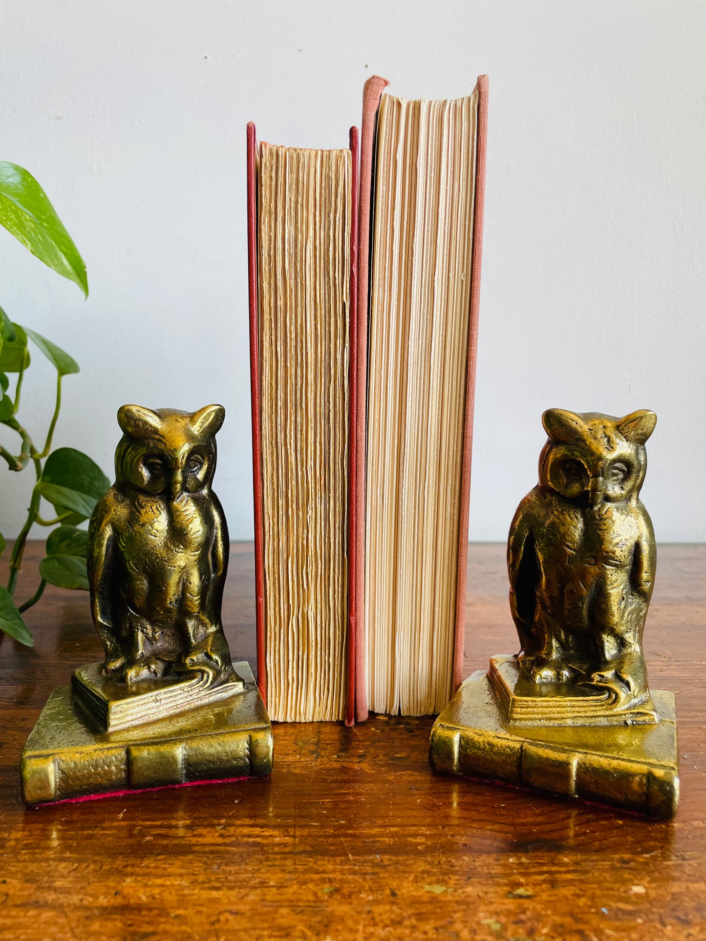 Vintage Solid & Heavy Brass Wise Owls on Stack of Books Bookends - Set of 2