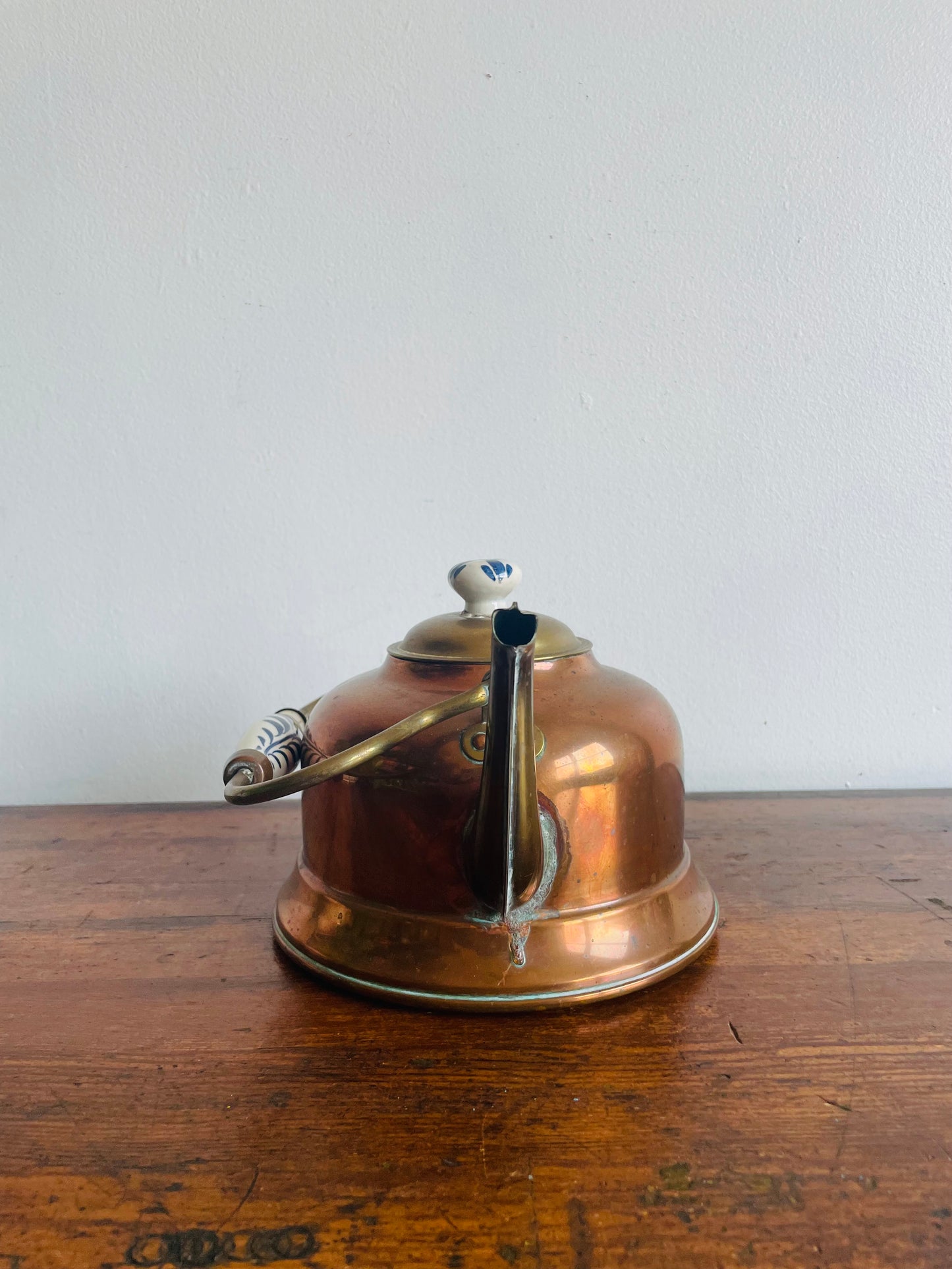 Copper Kettle with Blue & White Ceramic Handle