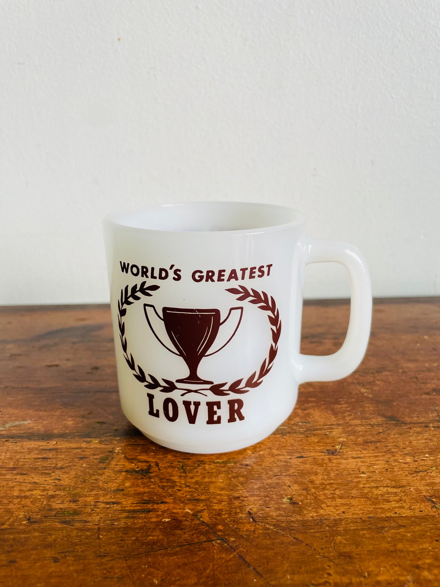 Vintage 1979 World's Greatest Lover Glasbake Milk Glass Mug