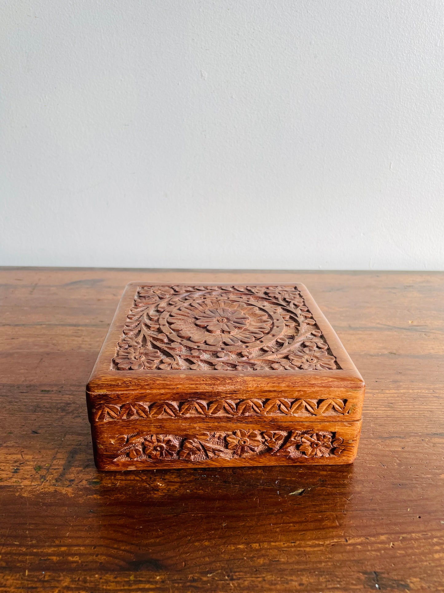 Square Indian Rosewood Box with Hinged Lid & Ornate Carved Flower Design