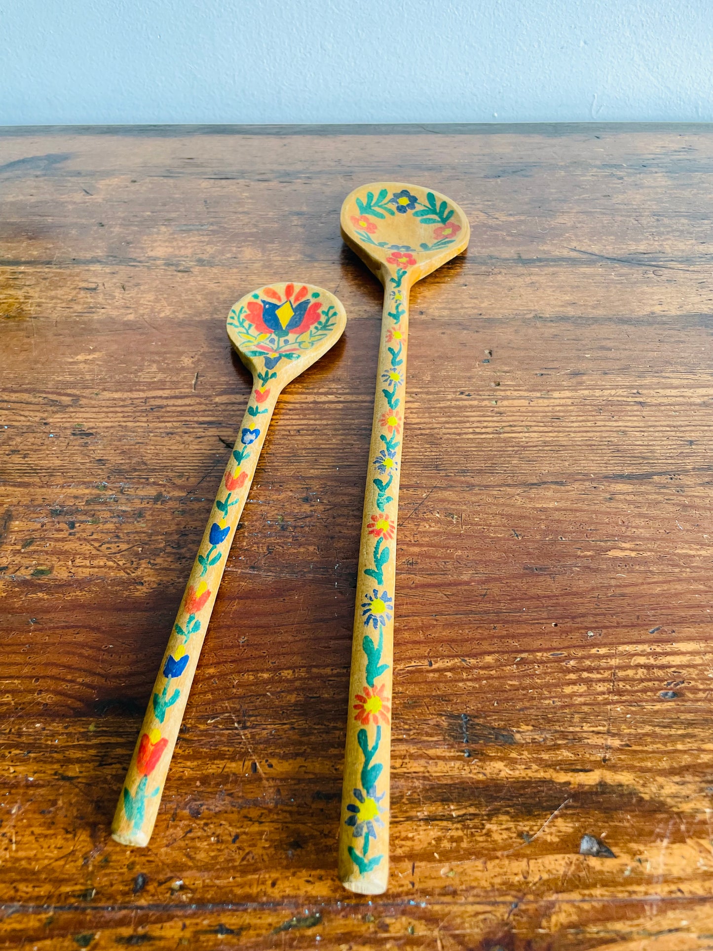 Hand Painted Wooden Spoons with Folk Art Flower Design - Set of 2