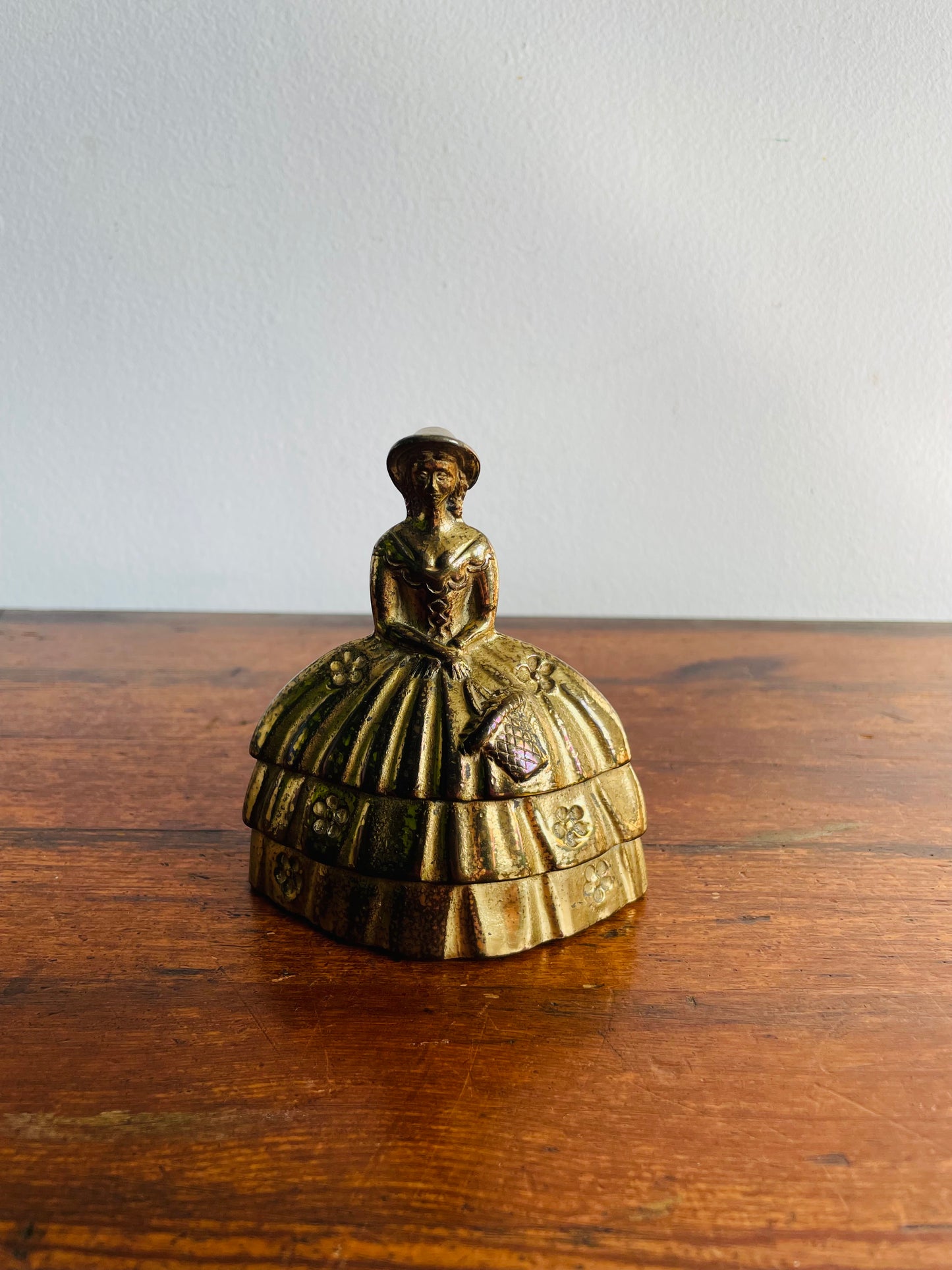 Solid Brass Bell with Victorian Lady in Floral Dress # 1 - Made in England