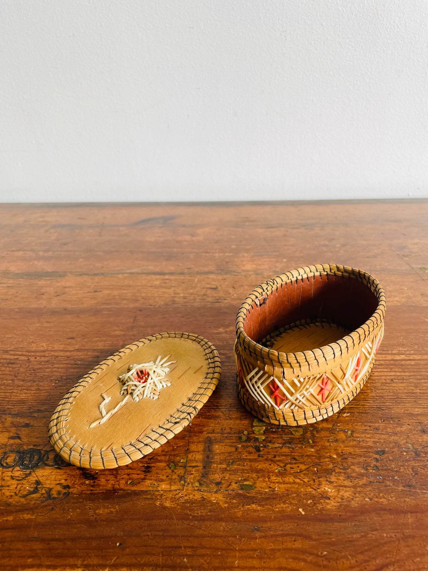 Indigenous Birch Bark & Porcupine Quill Oval Shaped Box with Lid