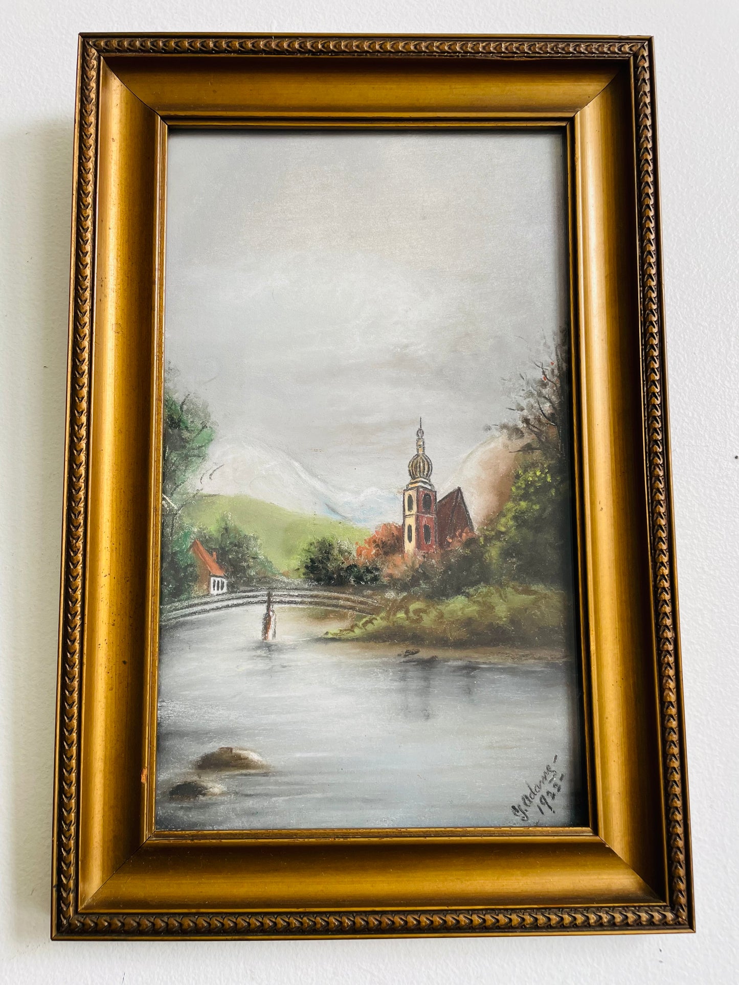 Antique 1922 Original Art Soft Pastel Painting Picture in Gold Frame of European Village Town Beside River & Bridge - Artist Signed