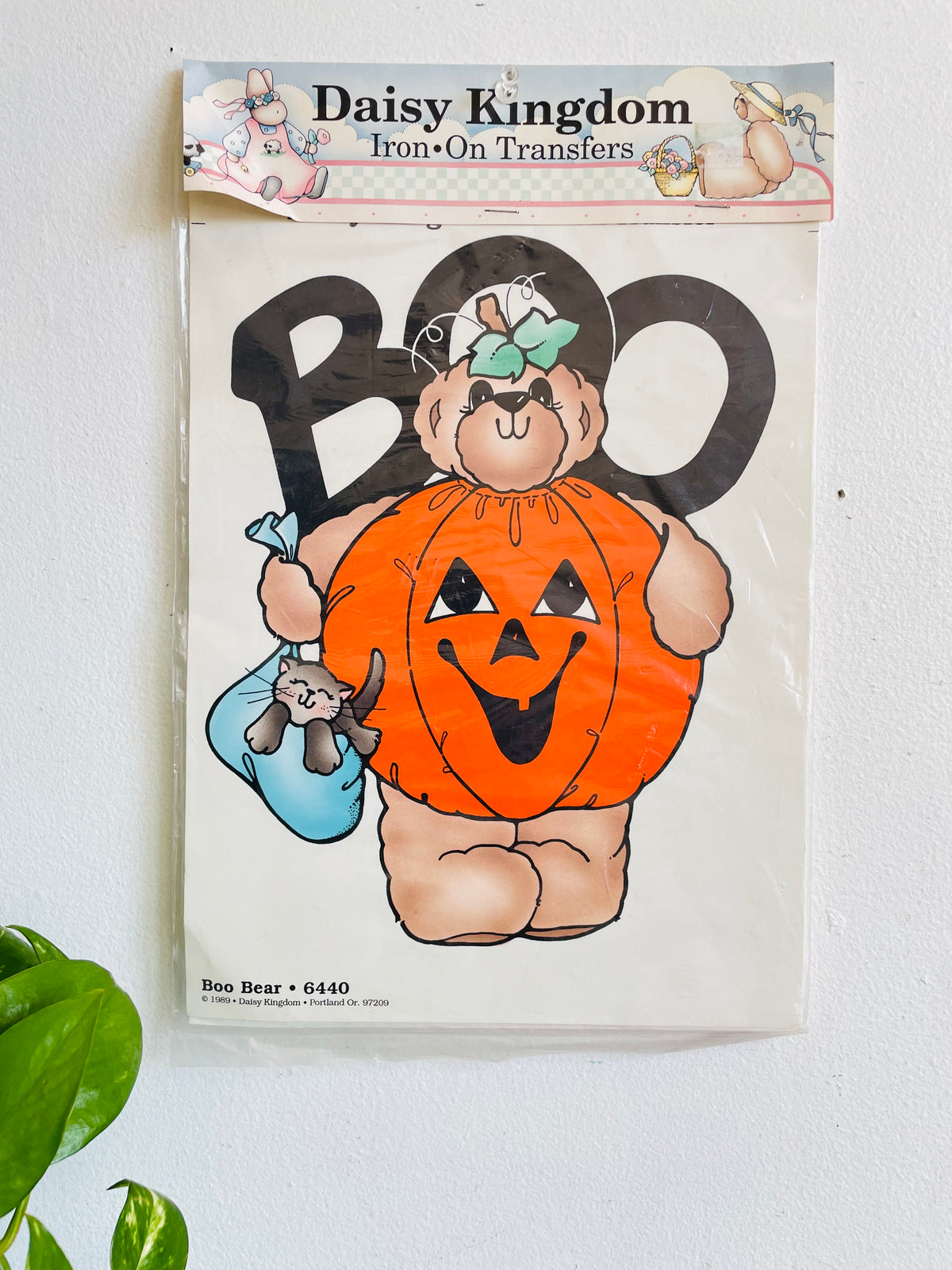 Vintage 1989 Deadstock Daisy Kingdom Iron-On Transfer for Textiles - Boo Bear #6440 - Halloween Trick or Treat Pumpkin Bear with Cat Design