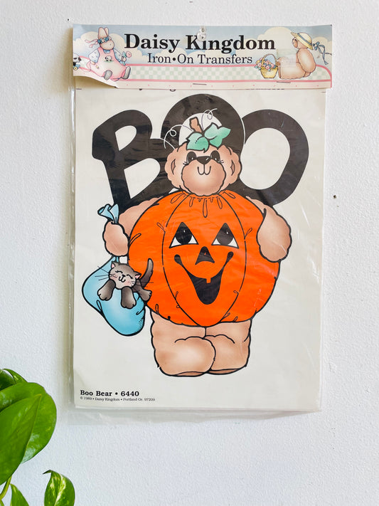 Vintage 1989 Deadstock Daisy Kingdom Iron-On Transfer for Textiles - Boo Bear #6440 - Halloween Trick or Treat Pumpkin Bear with Cat Design