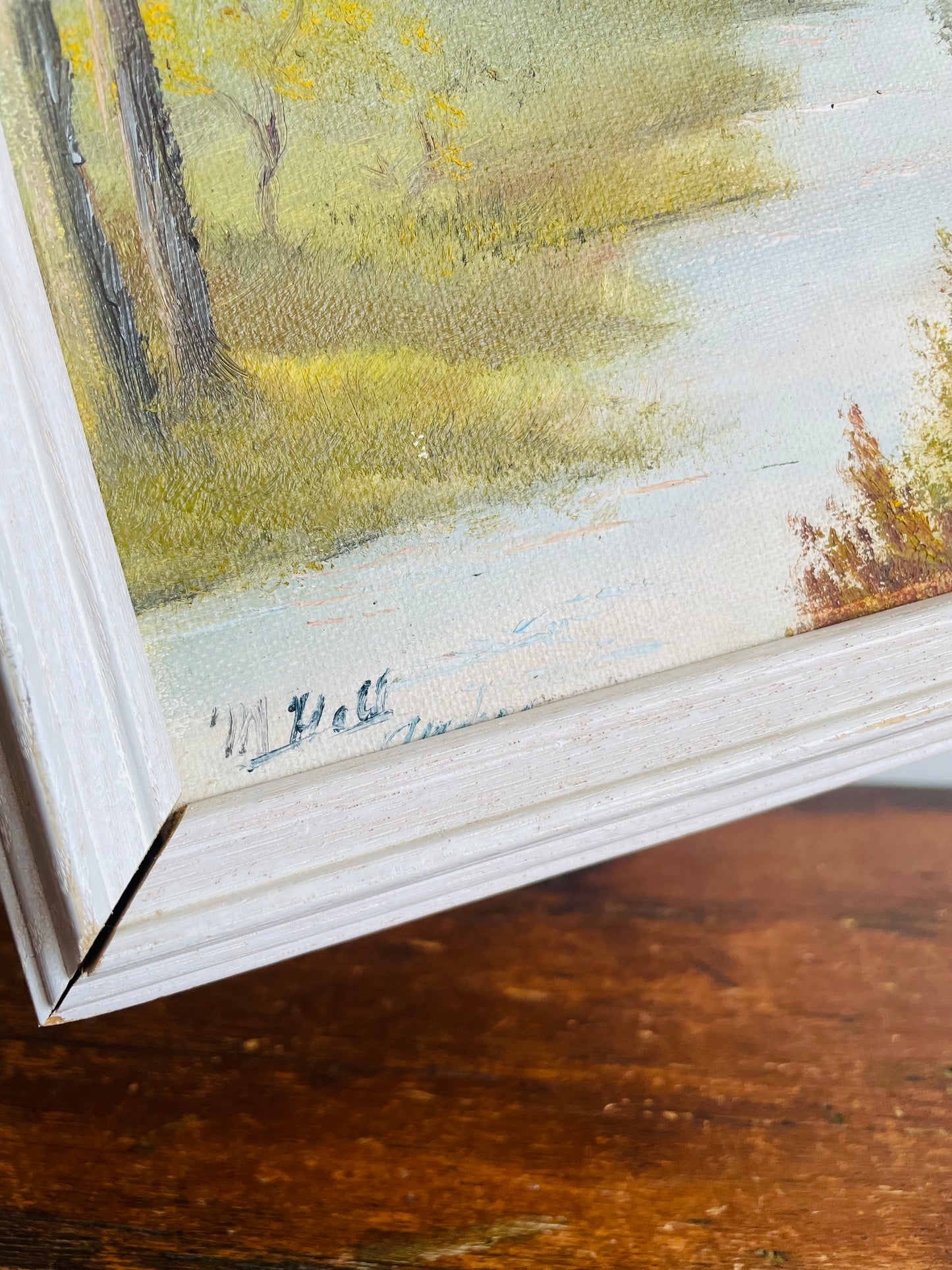 Vintage Original Art Painting Picture of Stream Through Forest in White Wood Frame - Artist Signed